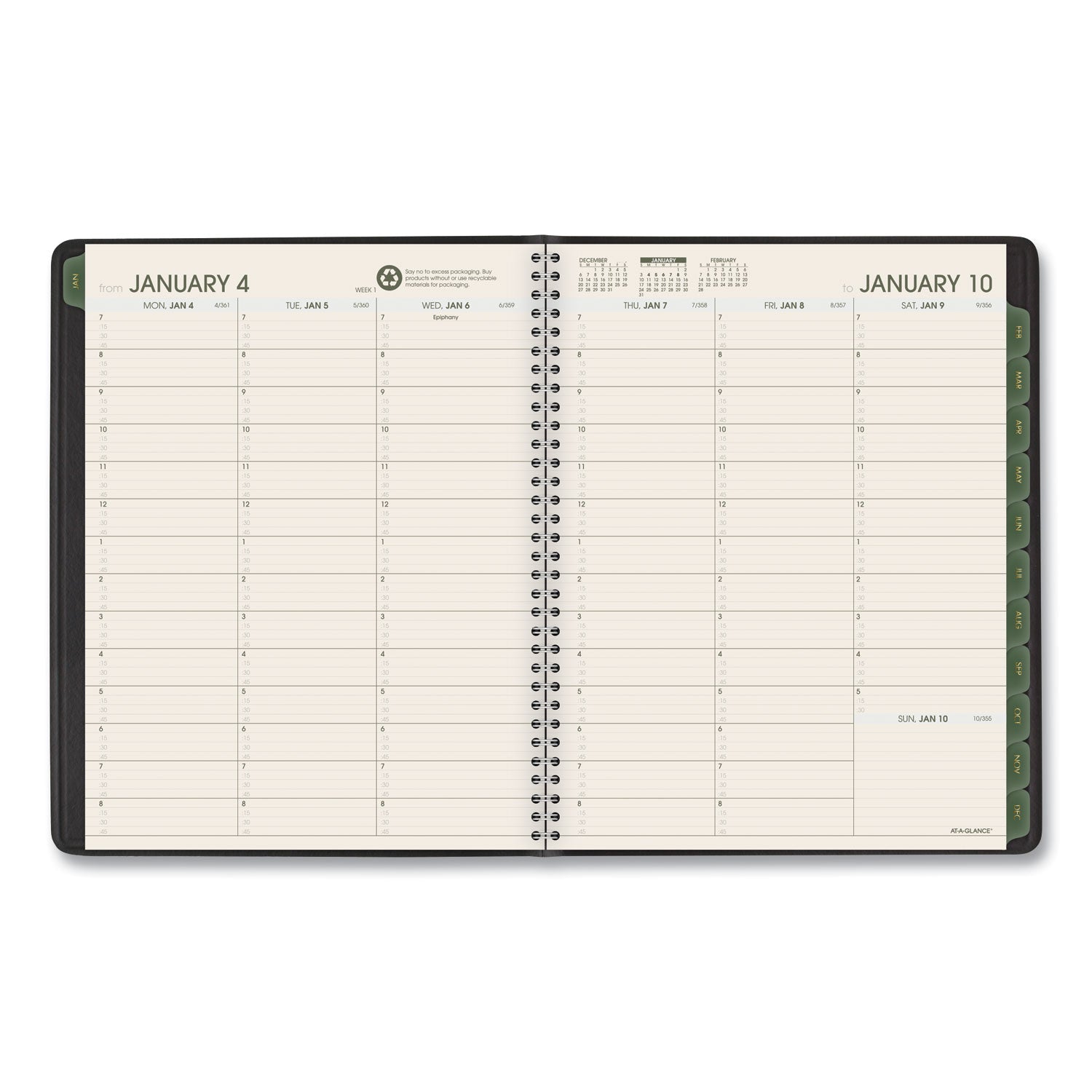 Recycled Weekly Vertical-Column Format Appointment Book, 8.75 x 7, Black Cover, 12-Month (Jan to Dec): 2024 -