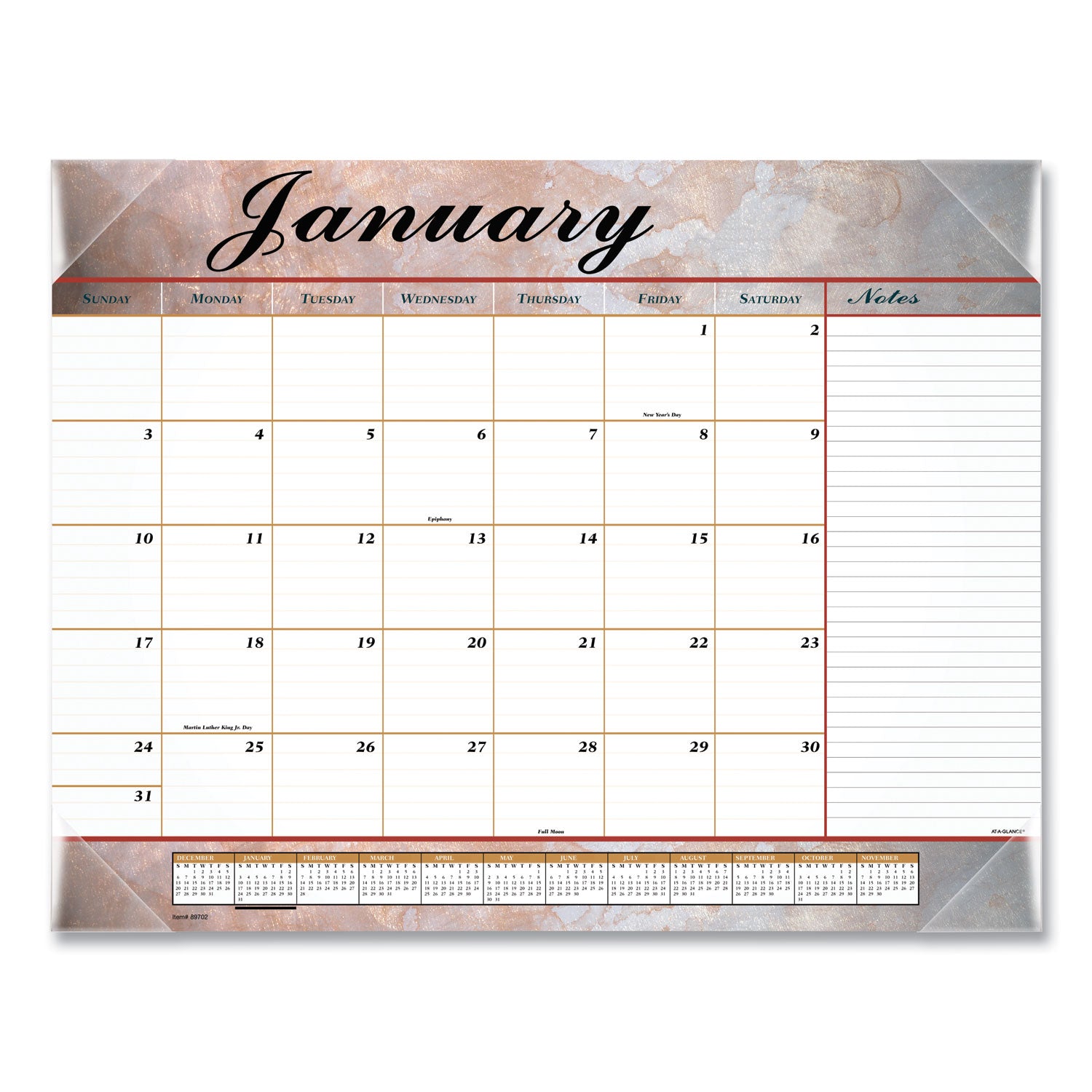Marbled Desk Pad, Marbled Artwork, 22 x 17, White/Multicolor Sheets, Clear Corners, 12-Month (Jan to Dec): 2024 -