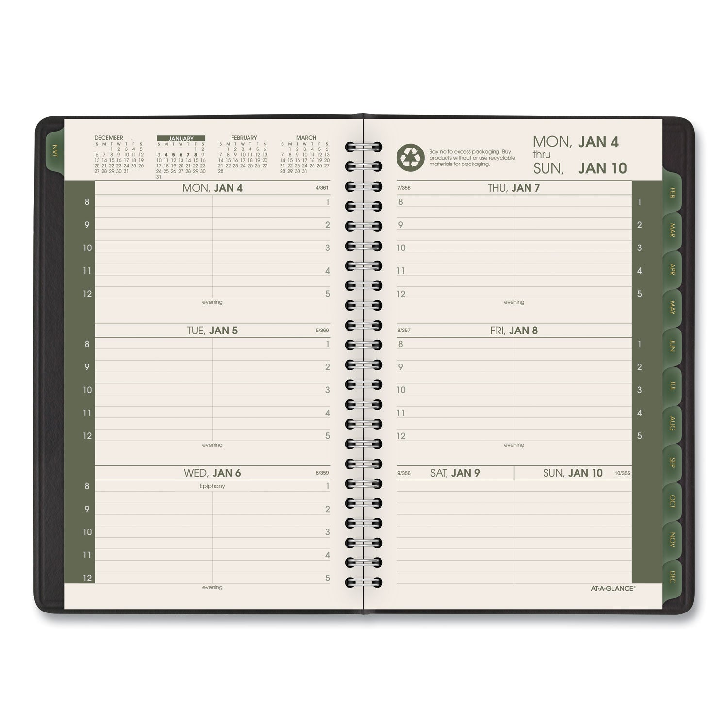 At-A-Glance Recycled Appointment Book Planner - Julian Dates - Weekly - January 2024 - December 2024 - 8:00 AM to 5:00 PM - Hourly - 1 Week Double Page Layout - 4 7/8" x 8" Sheet Size - Desk Pad - Black - Tabbed, Phone Directory, Address Directory - - 2