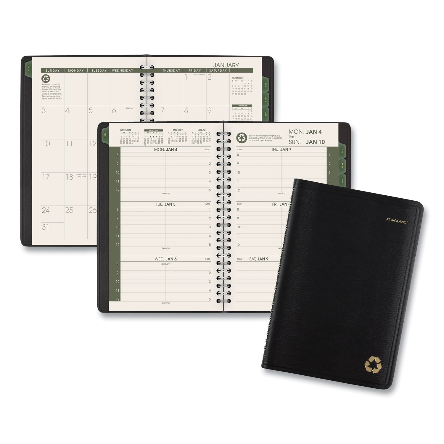 At-A-Glance Recycled Appointment Book Planner - Julian Dates - Weekly - January 2024 - December 2024 - 8:00 AM to 5:00 PM - Hourly - 1 Week Double Page Layout - 4 7/8" x 8" Sheet Size - Desk Pad - Black - Tabbed, Phone Directory, Address Directory - - 1