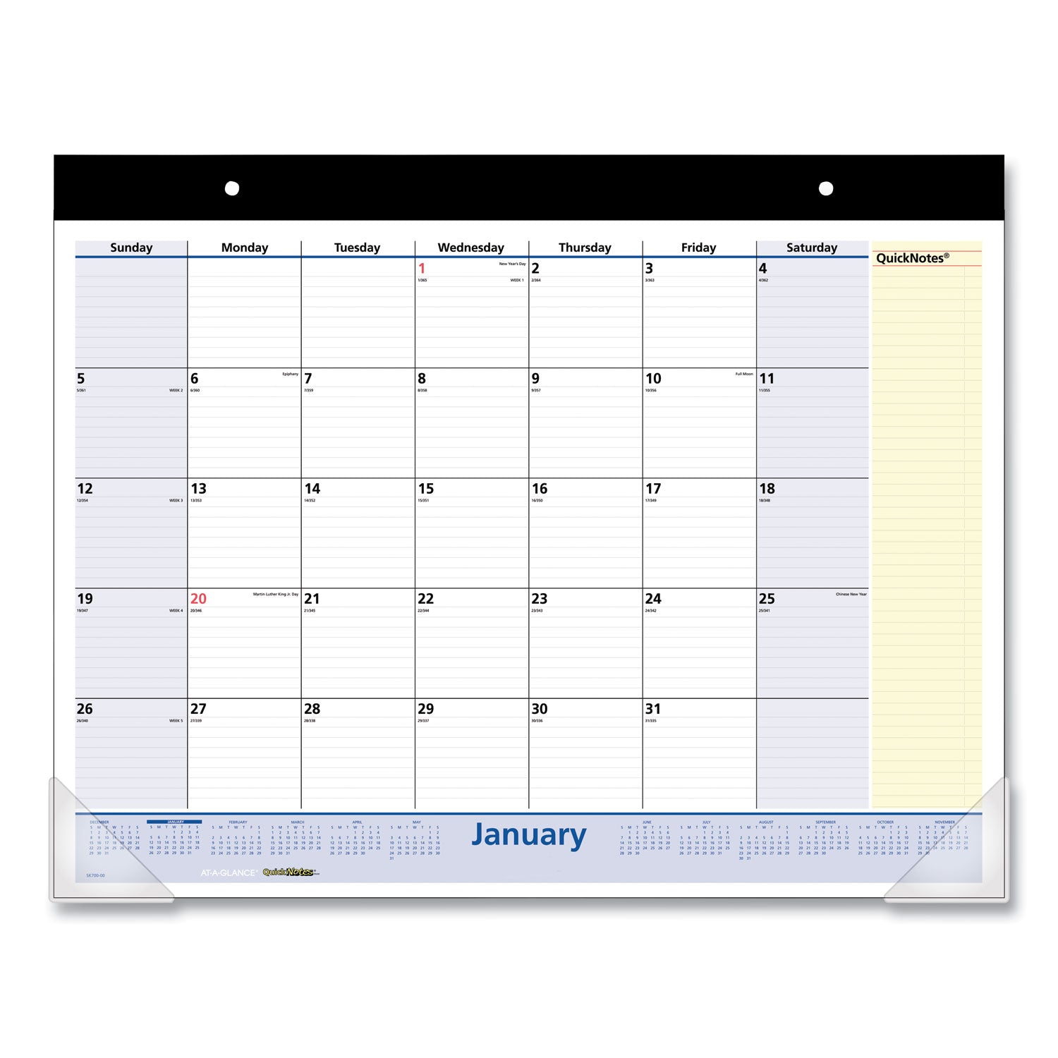 QuickNotes Desk Pad, 22 x 17, White/Blue/Yellow Sheets, Black Binding, Clear Corners, 13-Month (Jan to Jan): 2024 to 2025 -