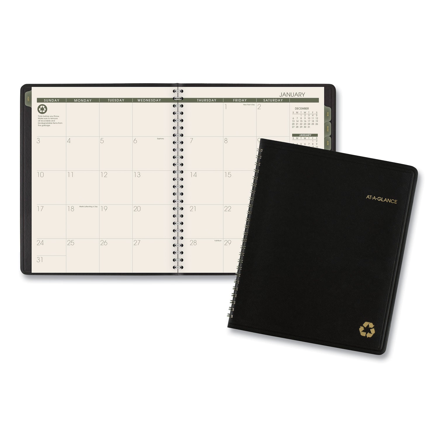 Recycled Monthly Planner with Perforated Memo Section, 8.75 x 7, Black Cover, 12-Month (Jan to Dec): 2024 -