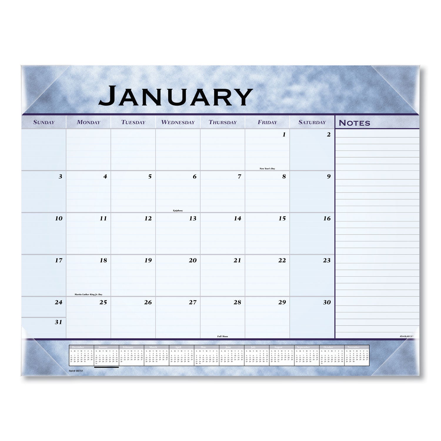 Slate Blue Desk Pad, 22 x 17, Blue Sheets, Clear Corners, 12-Month (Jan to Dec): 2024 -