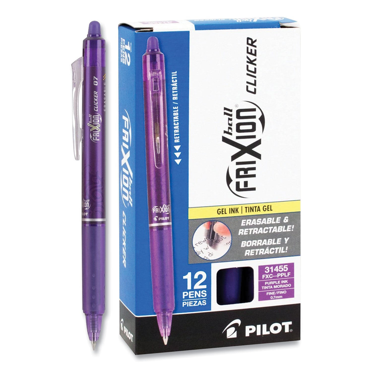 FriXion Clicker Erasable Gel Pen, Retractable, Fine 0.7 mm, Purple Ink, Purple Barrel, Dozen -