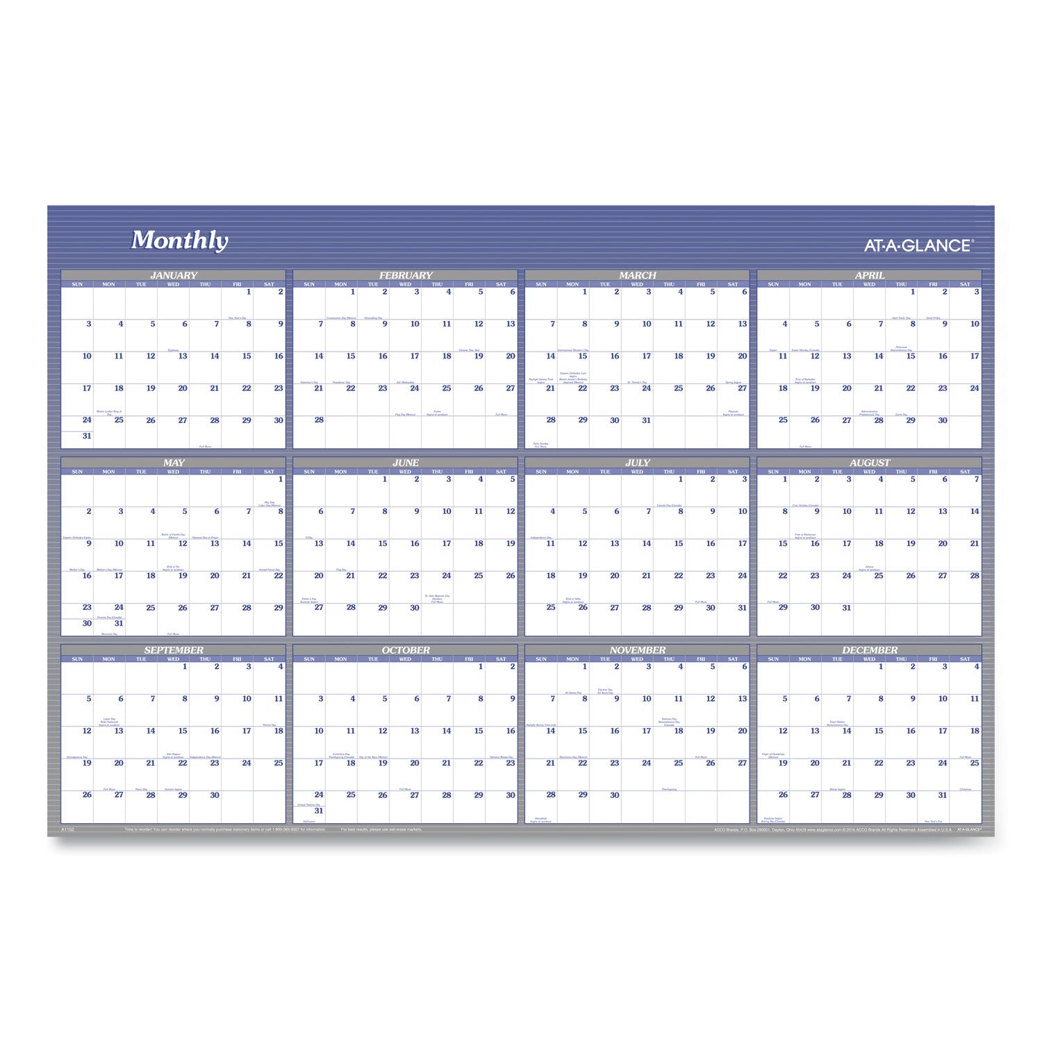 At-A-Glance Vertical Horizontal Reversible Erasable Wall Calendar - Extra Large Size - Yearly - 12 Month - January 2024 - December 2024 - 48" x 32" White Sheet - Blue - Laminate - Erasable, Reversible, Write on/Wipe off, Unruled Daily Block - 1 Pack - 1