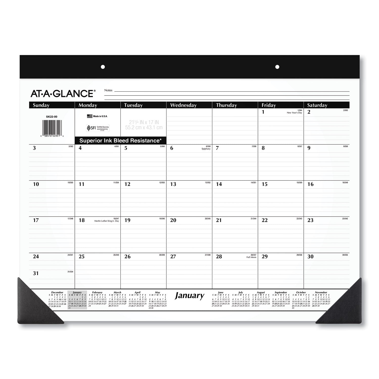 Monthly Refillable Desk Pad, 22 x 17, White Sheets, Black Binding, Black Corners, 12-Month (Jan to Dec): 2024 -