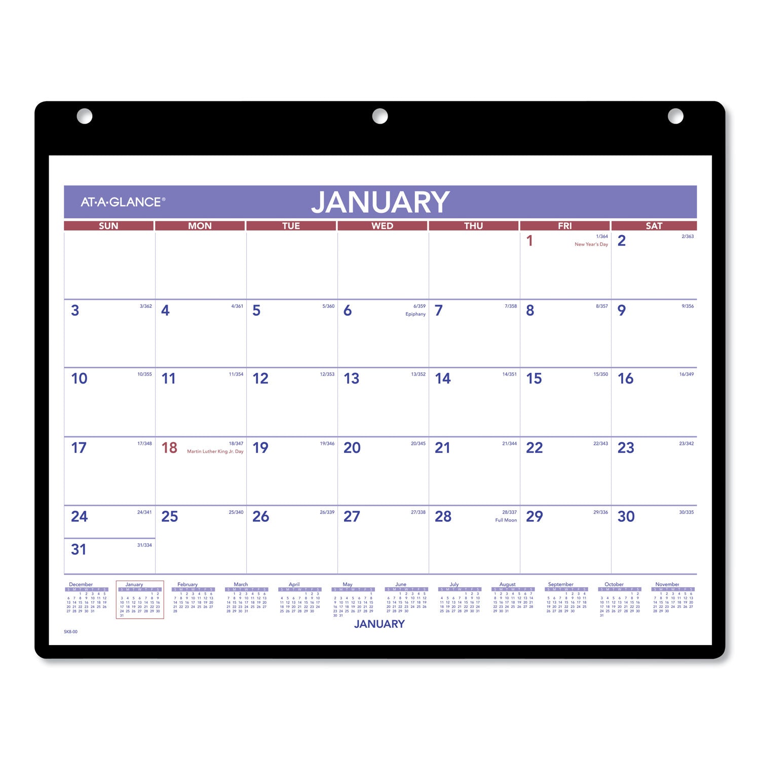 Monthly Desk/Wall Calendar with Plastic Backboard and Bonus Pages, 11 x 8, White/Violet/Red Sheets, 12-Month (Jan-Dec): 2024 -