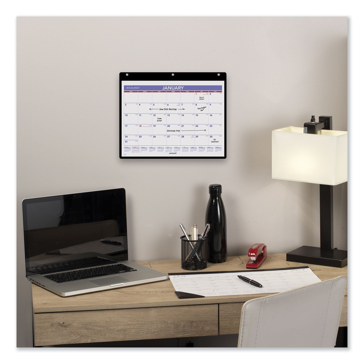 Monthly Desk/Wall Calendar with Plastic Backboard and Bonus Pages, 11 x 8, White/Violet/Red Sheets, 12-Month (Jan-Dec): 2024 -
