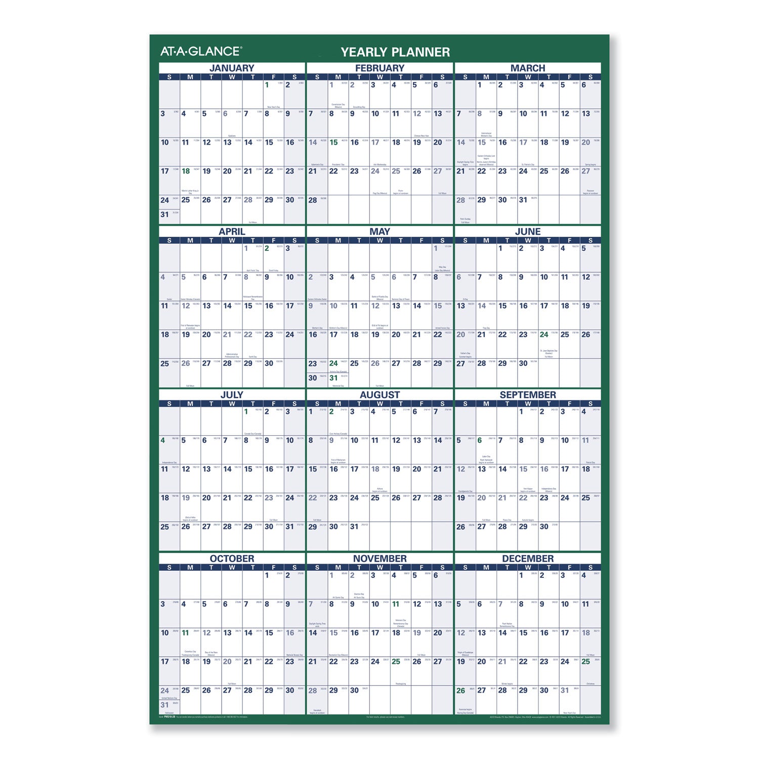 At-A-Glance Vertical Reversible Erasable Wall Calendar - Extra Large Size - Julian Dates - Yearly - 12 Month - January 2024 - December 2024 - 48" x 32" White Sheet - Green - Laminate - Erasable, Laminated, Write on/Wipe off, Reversible, Notes Area, U - 1