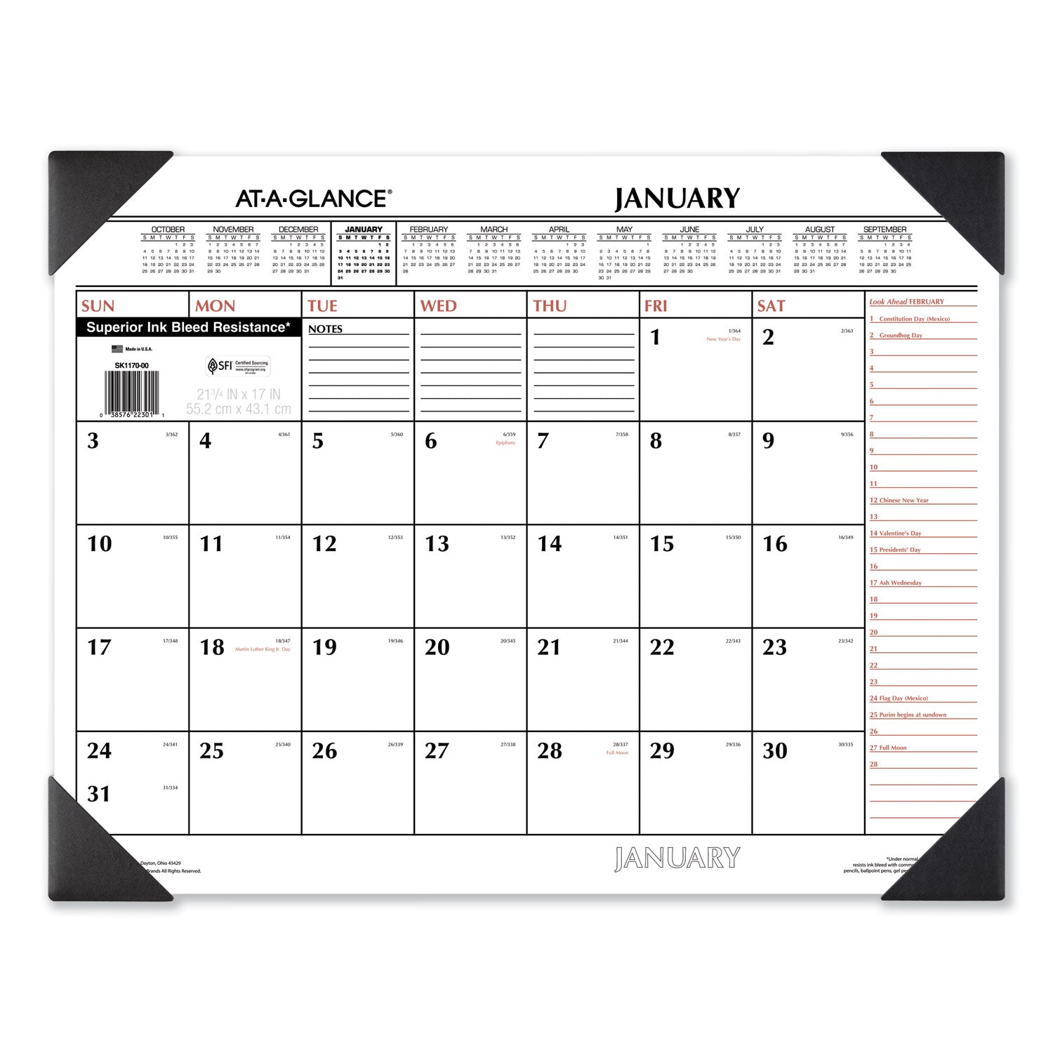 Two-Color Monthly Desk Pad Calendar, 22 x 17, White Sheets, Black Corners, 12-Month (Jan to Dec): 2024 - 1
