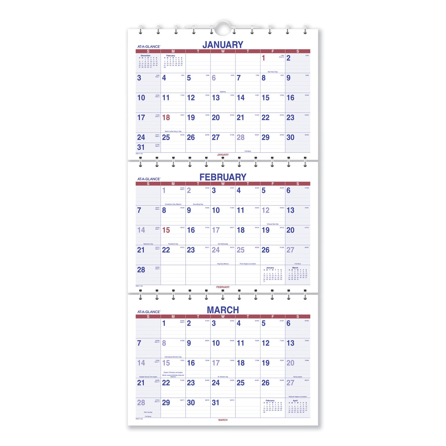 move-a-page-three-month-wall-calendar-12-x-27-white-red-blue-sheets-15-month-dec-to-feb-2023-to-2025_aagpmlf1128 - 1