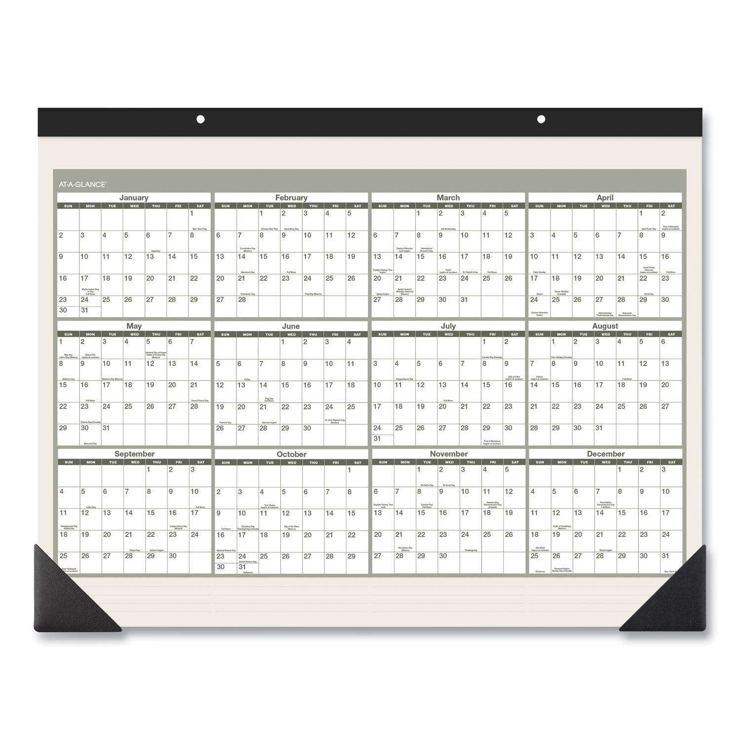 Recycled Monthly Desk Pad, 22 x 17, Sand/Green Sheets, Black Binding, Black Corners, 12-Month (Jan to Dec): 2024 - 2