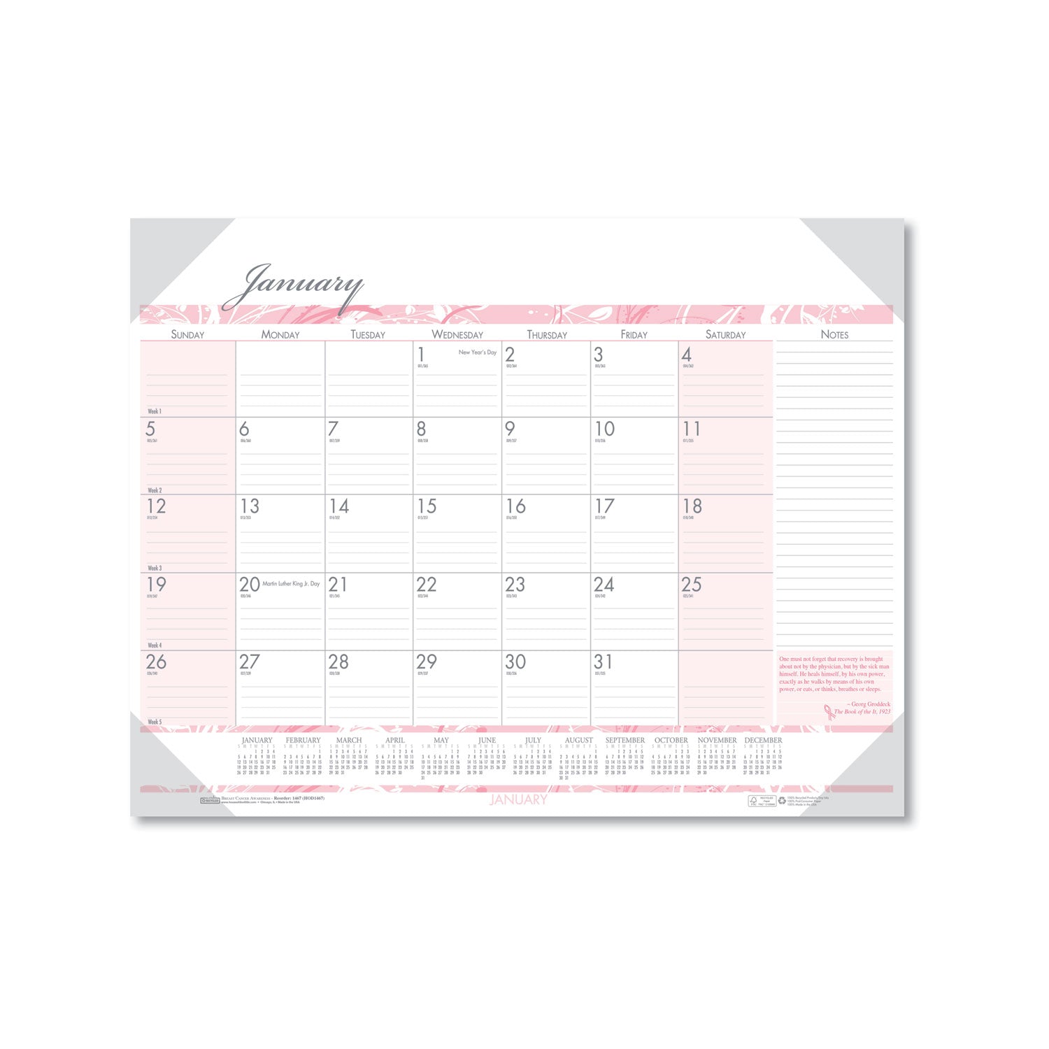 Recycled Monthly Desk Pad Calendar, Breast Cancer Awareness Artwork, 22 x 17, Black Binding/Corners,12-Month (Jan-Dec): 2024 -