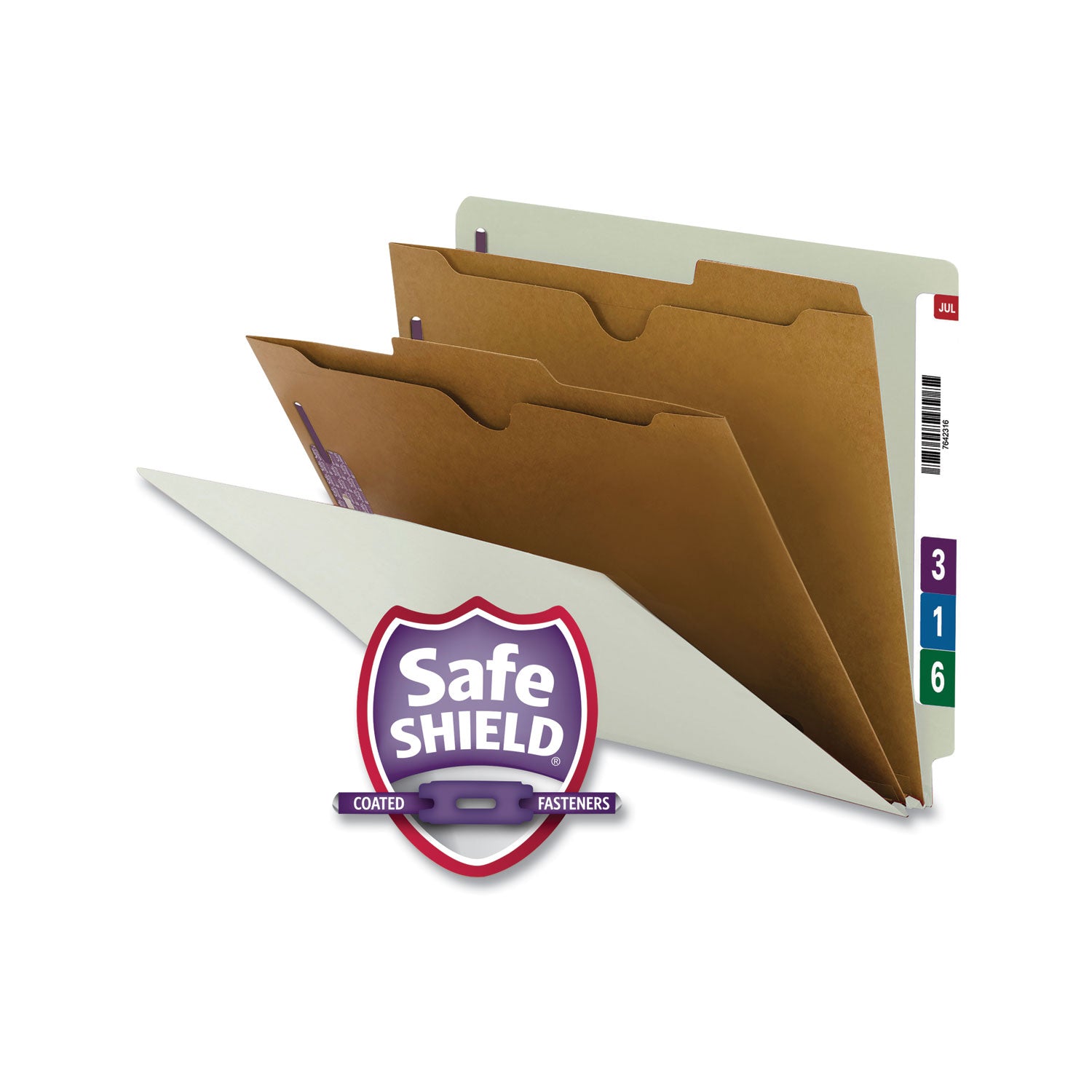 X-Heavy End Tab Pressboard Classification Folders, Six SafeSHIELD Fasteners, 2 Dividers, Letter Size, Gray-Green, 10/Box -