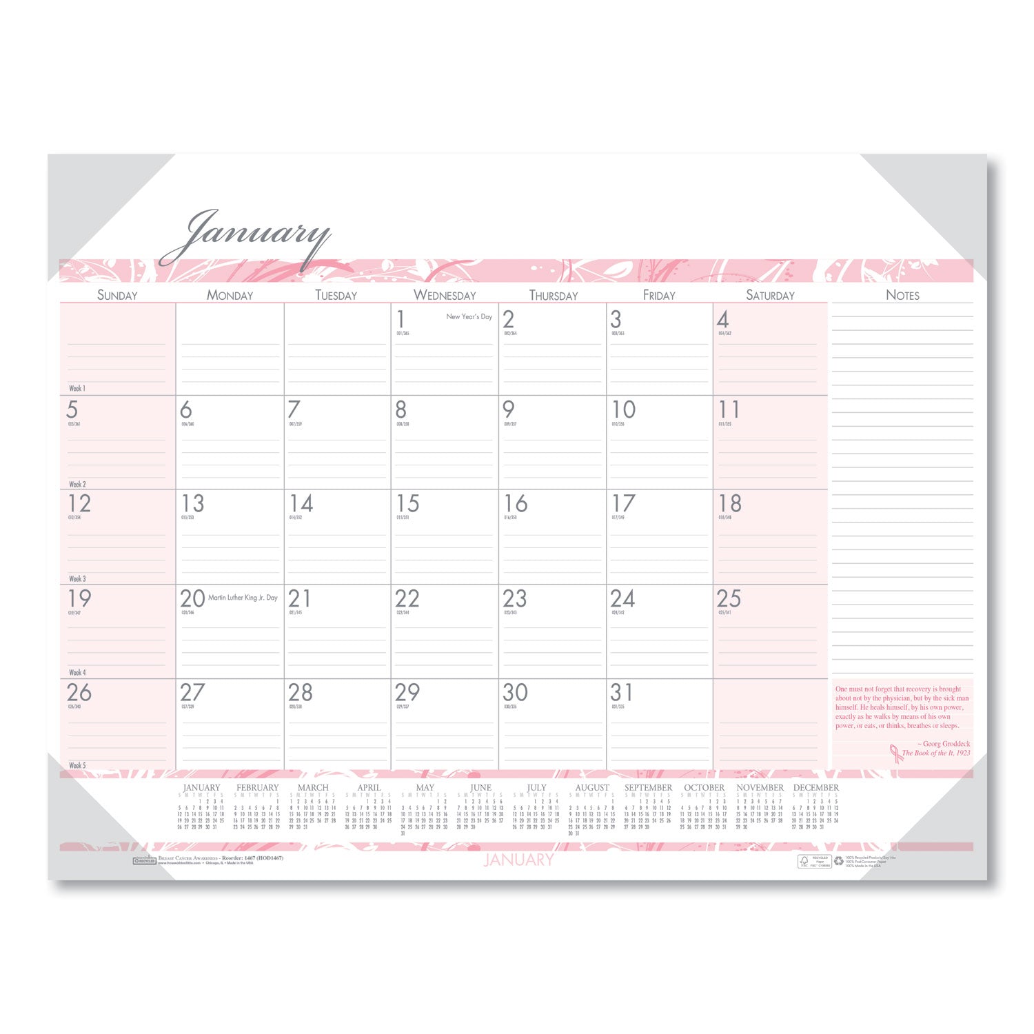 Recycled Monthly Desk Pad Calendar, Breast Cancer Awareness Artwork, 18.5 x 13, Black Binding/Corners,12-Month(Jan-Dec): 2024 -