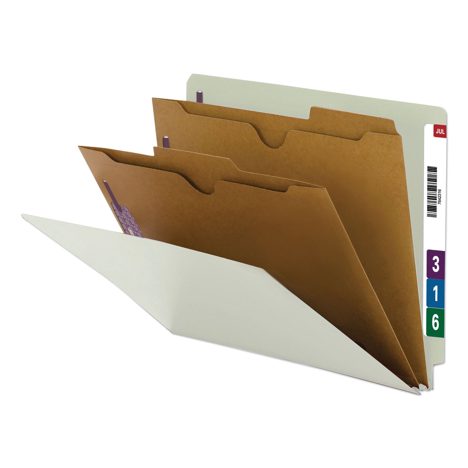 X-Heavy End Tab Pressboard Classification Folders, Six SafeSHIELD Fasteners, 2 Dividers, Letter Size, Gray-Green, 10/Box -