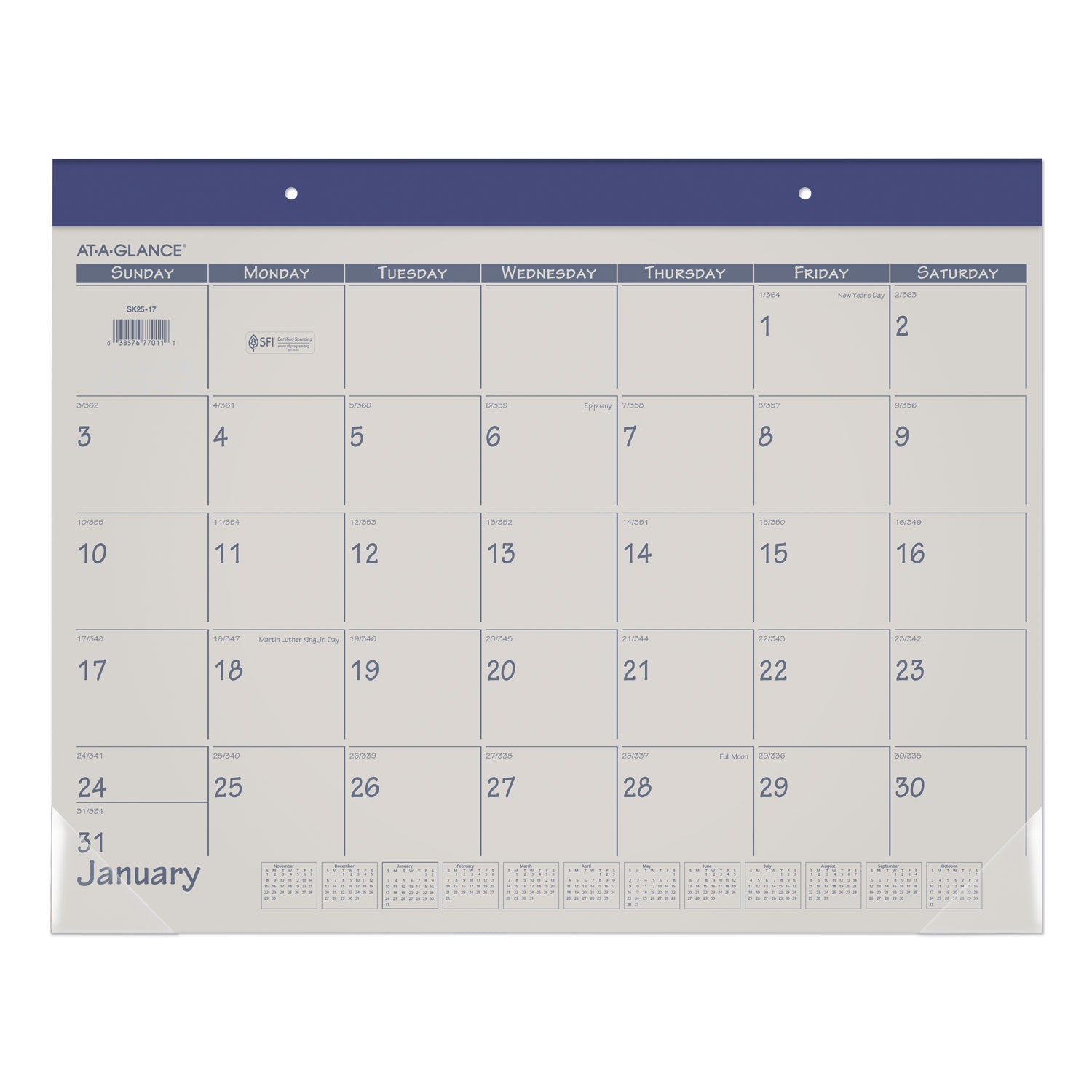 Fashion Color Desk Pad, 22 x 17, Stone/Blue Sheets, Blue Binding, Clear Corners, 12-Month (Jan to Dec): 2024 -