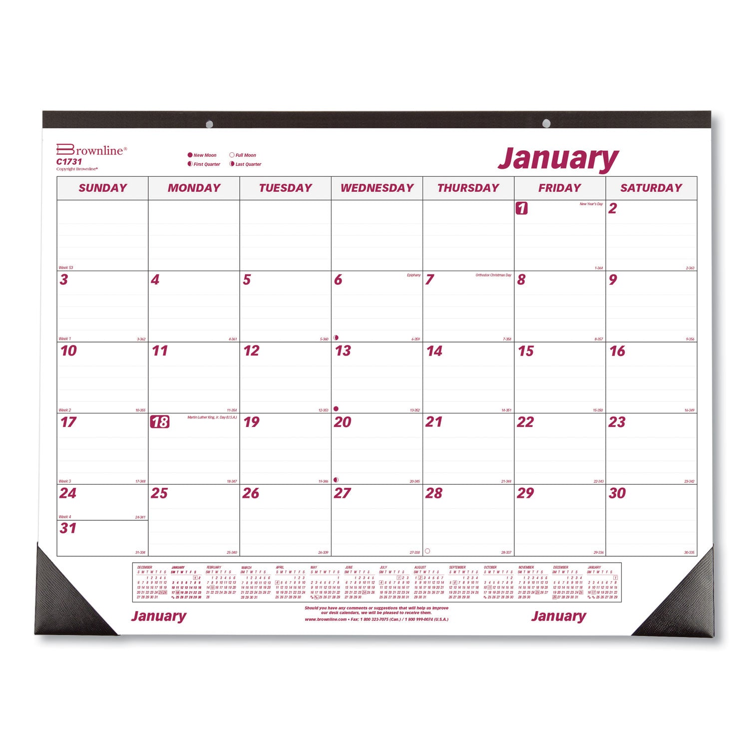 Monthly Desk Pad Calendar, 22 x 17, White/Burgundy Sheets, Black Binding, Black Corners, 12-Month (Jan to Dec): 2024 -