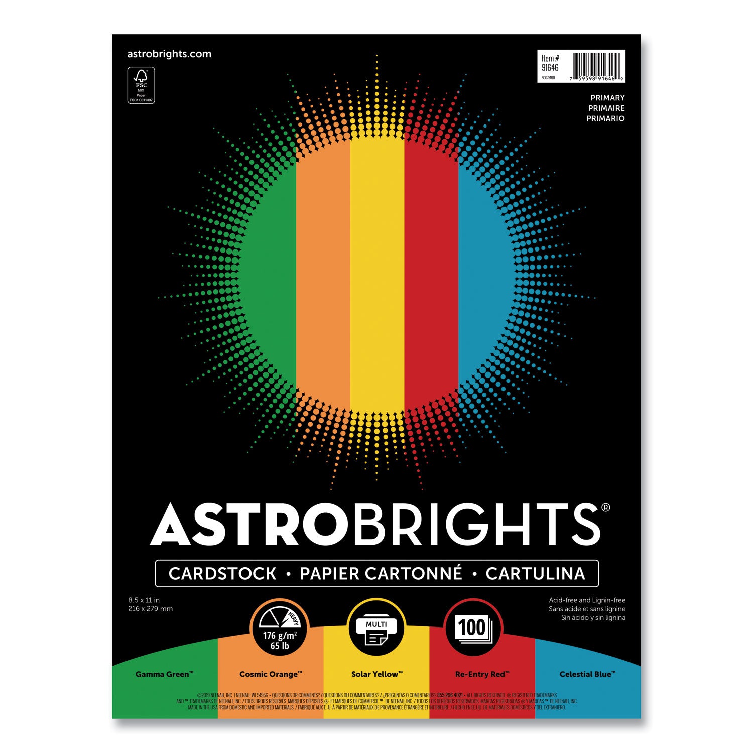 Color Cardstock -"Primary" Assortment, 65 lb Cover Weight, 8.5 x 11, Assorted Primary Colors, 100/Pack - 1