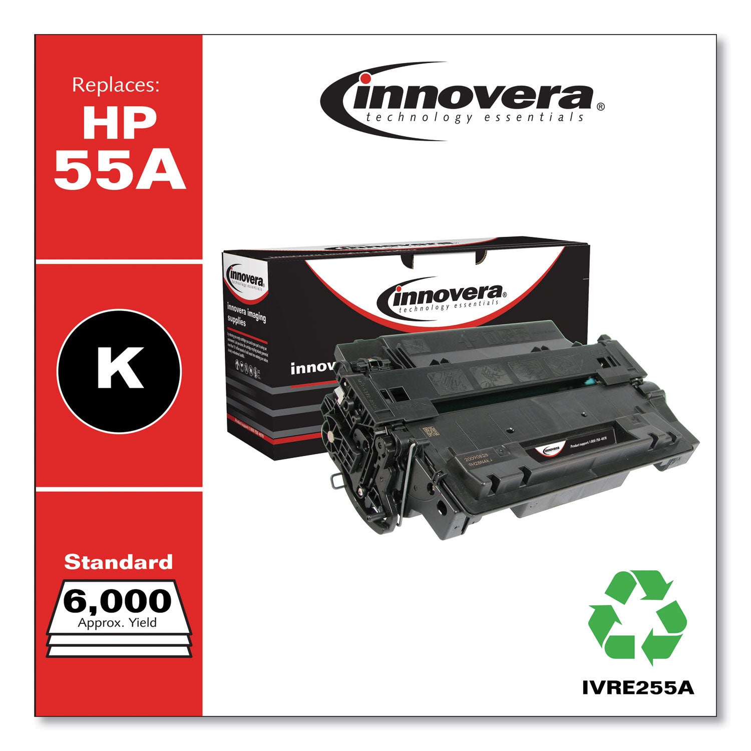 Remanufactured Black Toner, Replacement for 55A (CE255A), 6,000 Page-Yield -