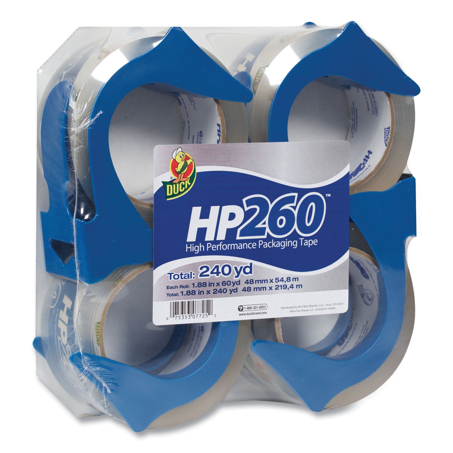HP260 Packaging Tape with Dispenser, 3" Core, 1.88" x 60 yds, Clear, 4/Pack -