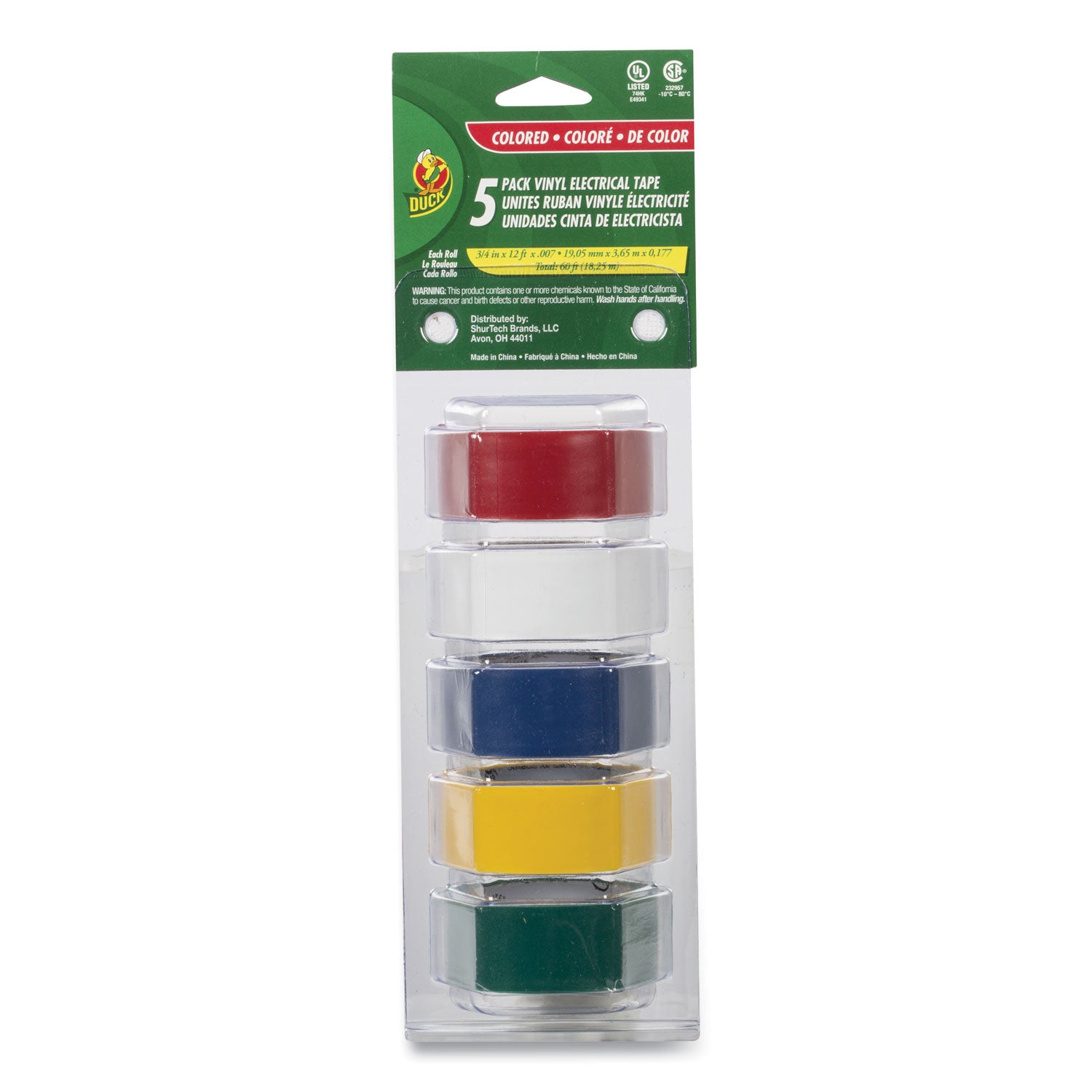Electrical Tape, 1" Core, 0.75" x 12 ft, Assorted Colors, 5/Pack -