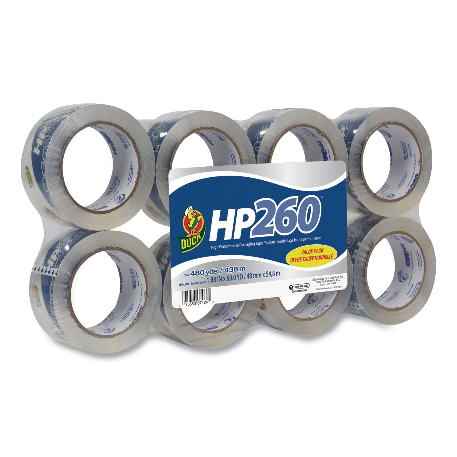 HP260 Packaging Tape, 3" Core, 1.88" x 60 yds, Clear, 8/Pack -