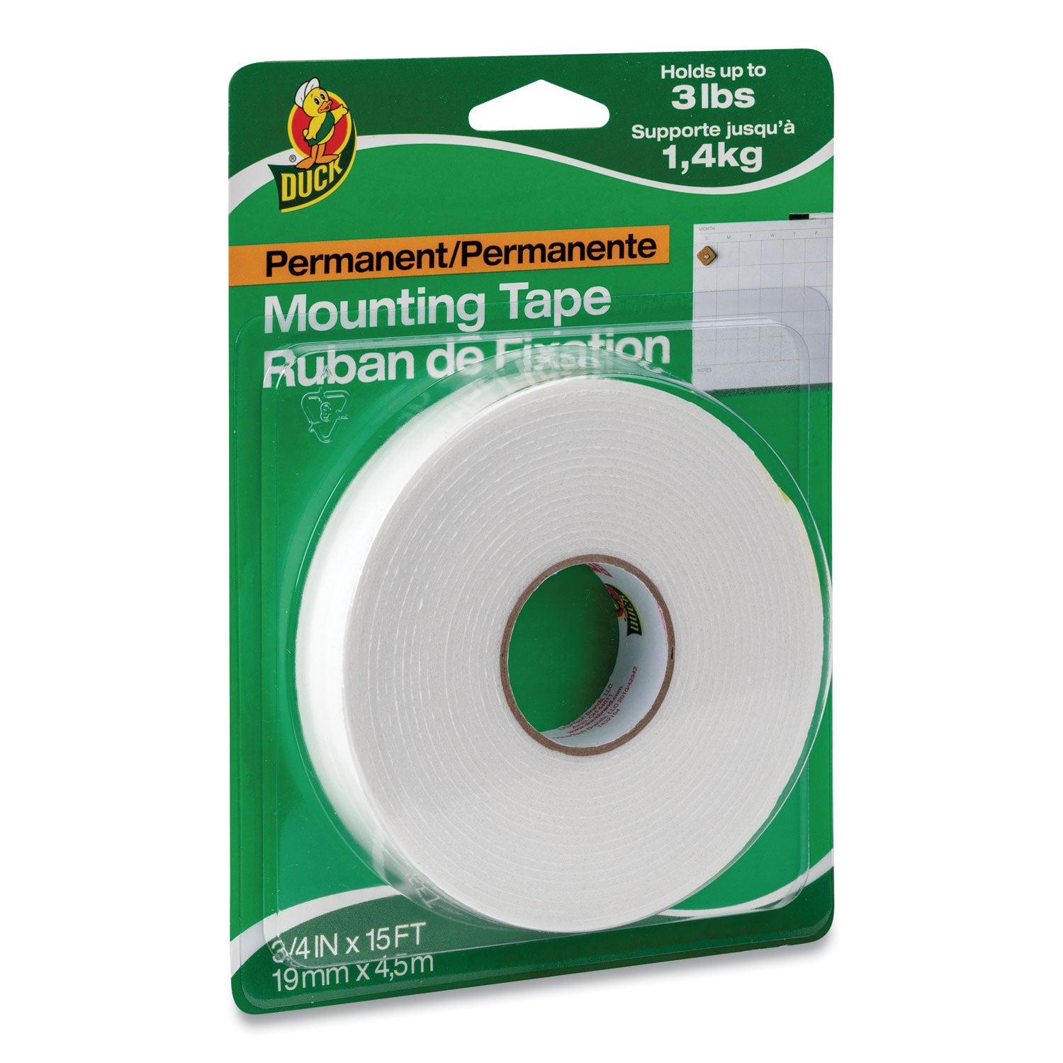 Double-Stick Foam Mounting Tape, Permanent, Holds Up to 2 lbs, 0.75" x 15 ft, White -