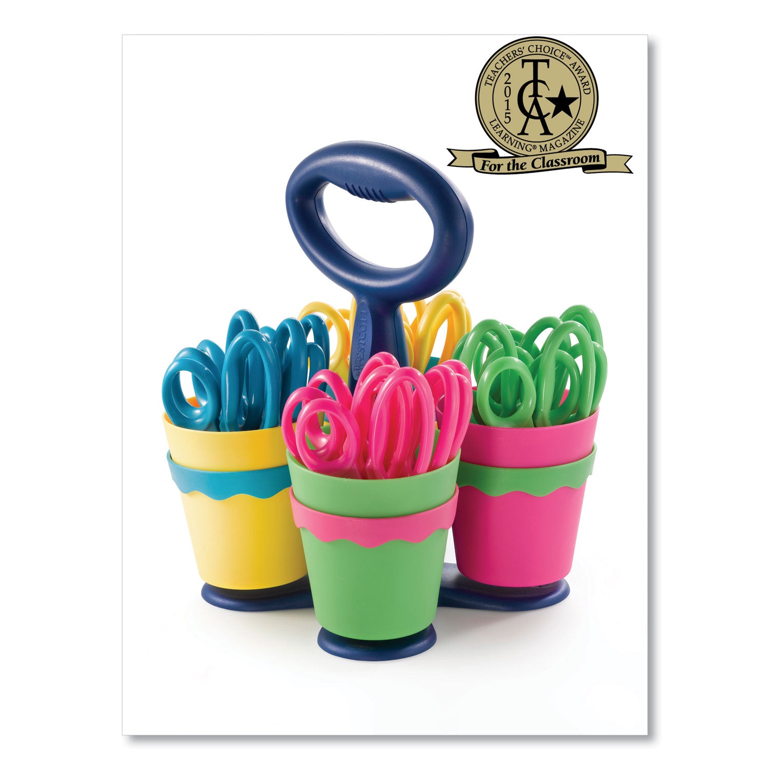 Scissor Caddy with Kids' Scissors, 5" Long, 2" Cut Length, Light Blue; Light Green; Pink; Yellow, Straight Handles, 24/Set -
