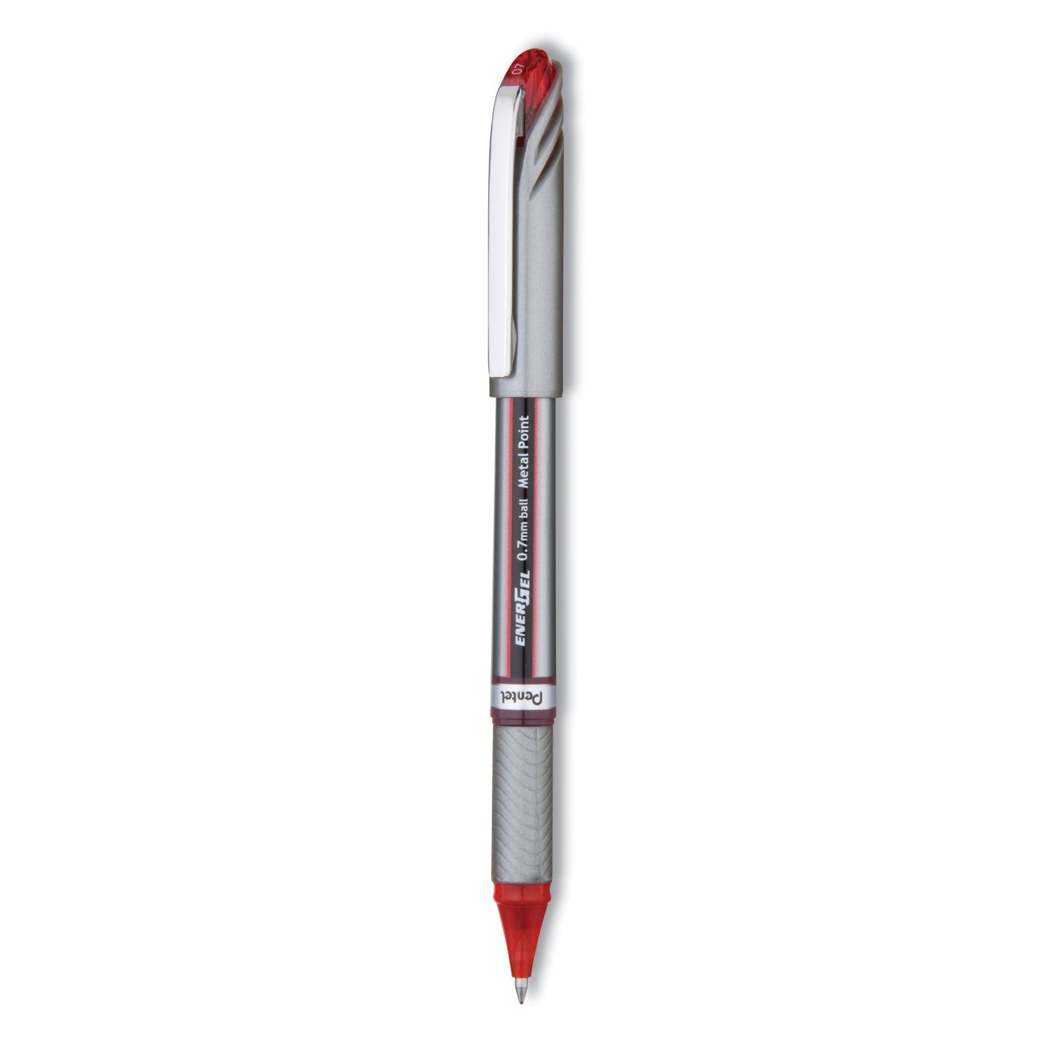 EnerGel NV Gel Pen, Stick, Medium 0.7 mm, Red Ink, Gray/Black/Red Barrel, Dozen -