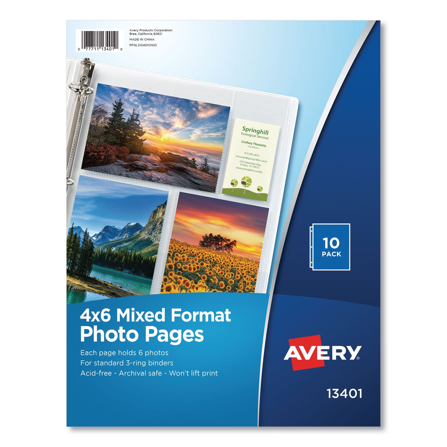 Photo Storage Pages for Six 4 x 6 Mixed Format Photos, 3-Hole Punched, 10/Pack -