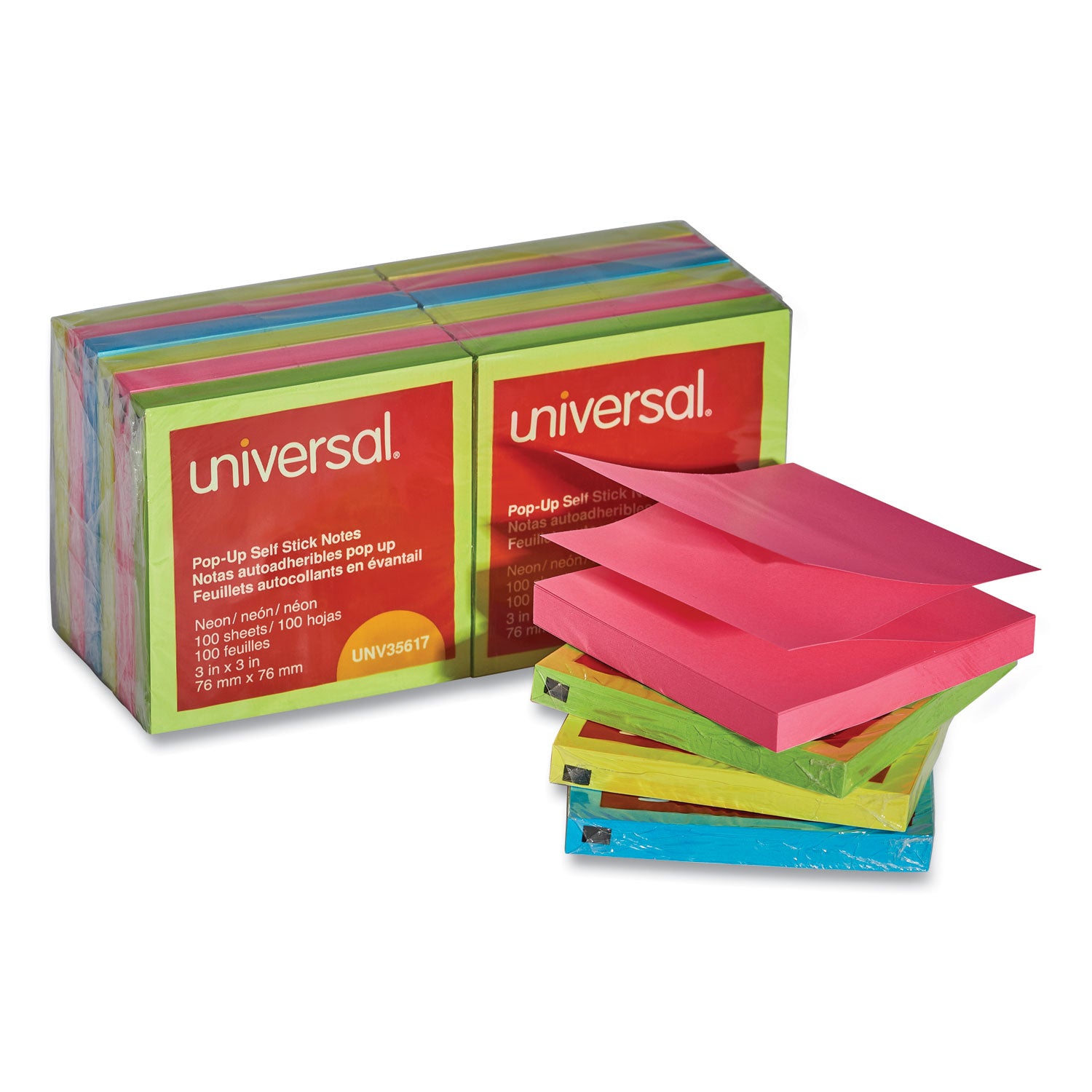 Fan-Folded Self-Stick Pop-Up Note Pads, 3" x 3", Assorted Neon Colors, 100 Sheets/Pad, 12 Pads/Pack -