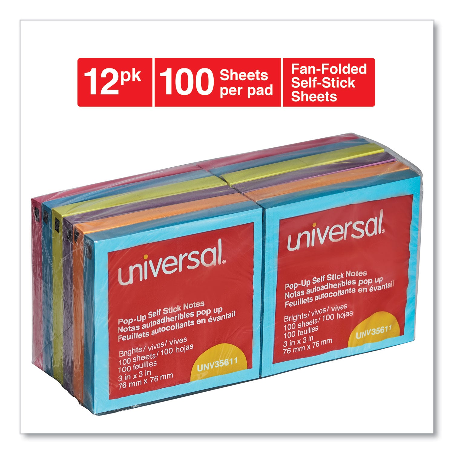 Fan-Folded Self-Stick Pop-Up Note Pads, 3" x 3", Assorted Bright Colors, 100 Sheets/Pad, 12 Pads/Pack -