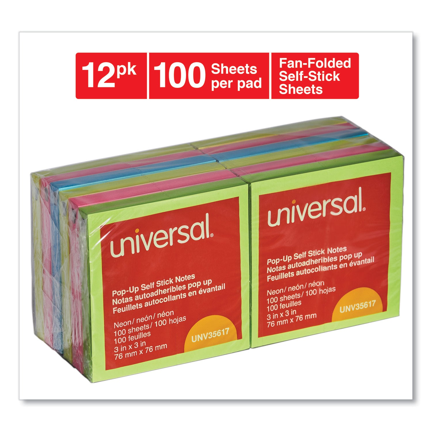 Fan-Folded Self-Stick Pop-Up Note Pads, 3" x 3", Assorted Neon Colors, 100 Sheets/Pad, 12 Pads/Pack -