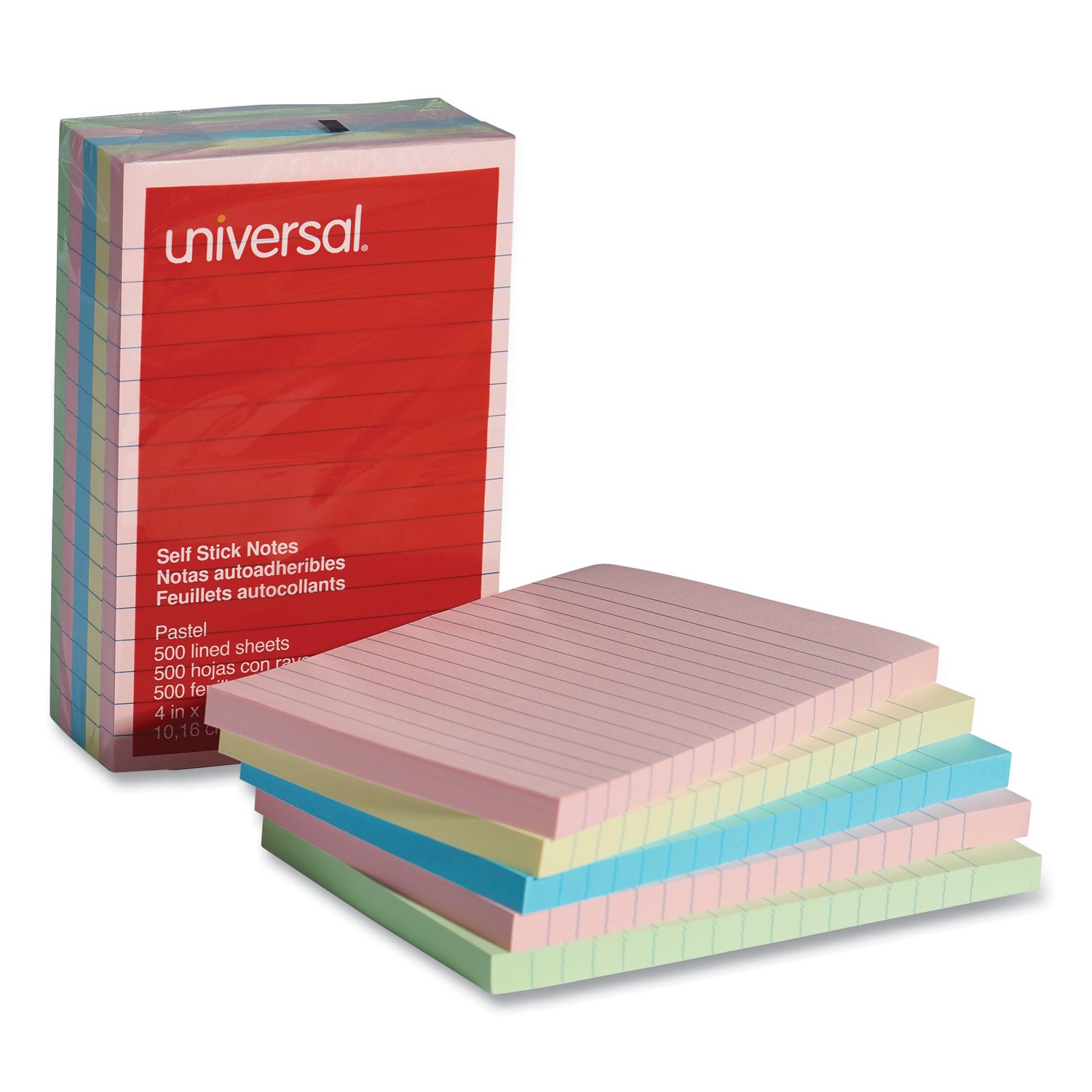 Self-Stick Note Pads, Note Ruled, 4" x 6", Assorted Pastel Colors, 100 Sheets/Pad, 5 Pads/Pack -