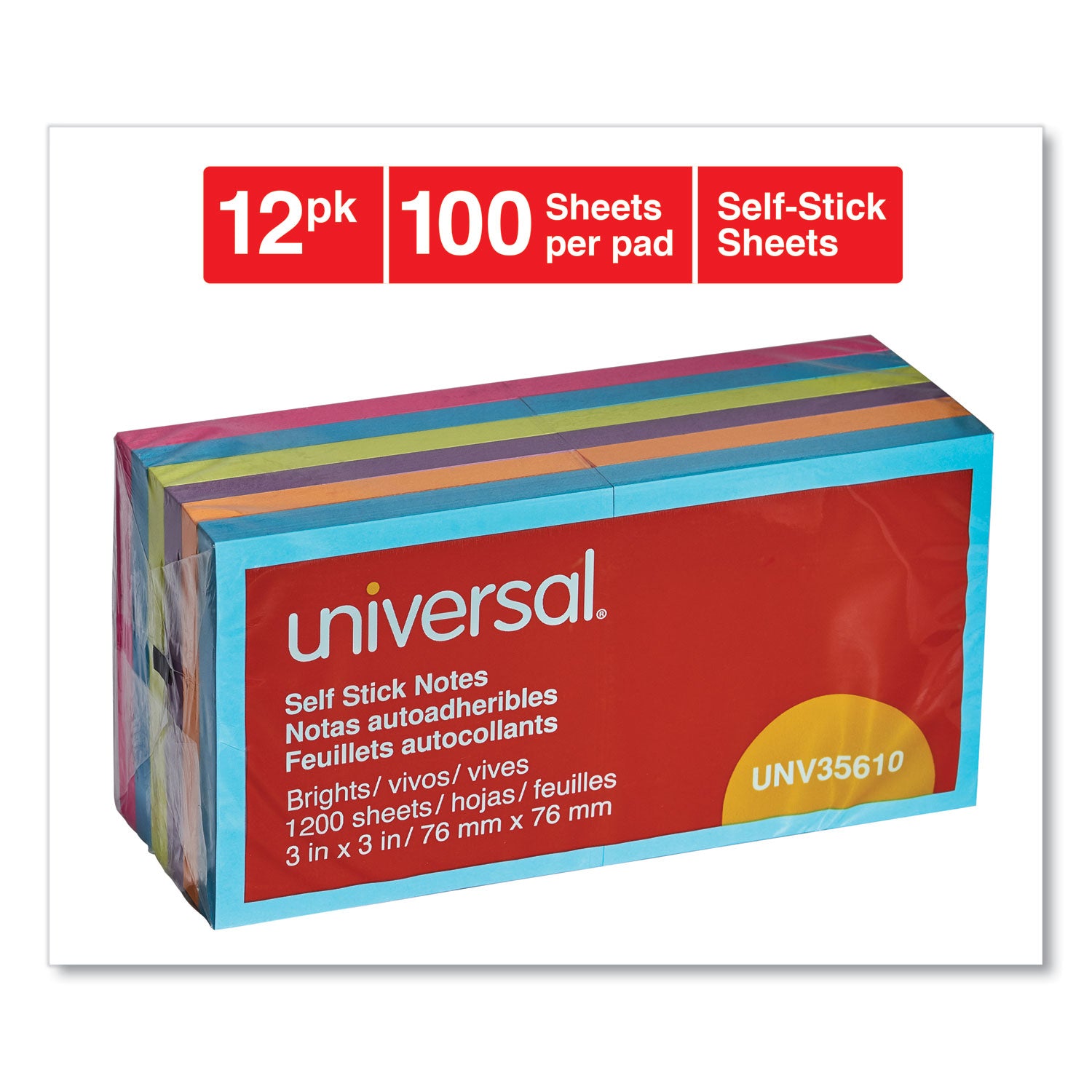 Self-Stick Note Pads, 3" x 3", Assorted Bright Colors, 100 Sheets/Pad, 12 Pads/Pack -