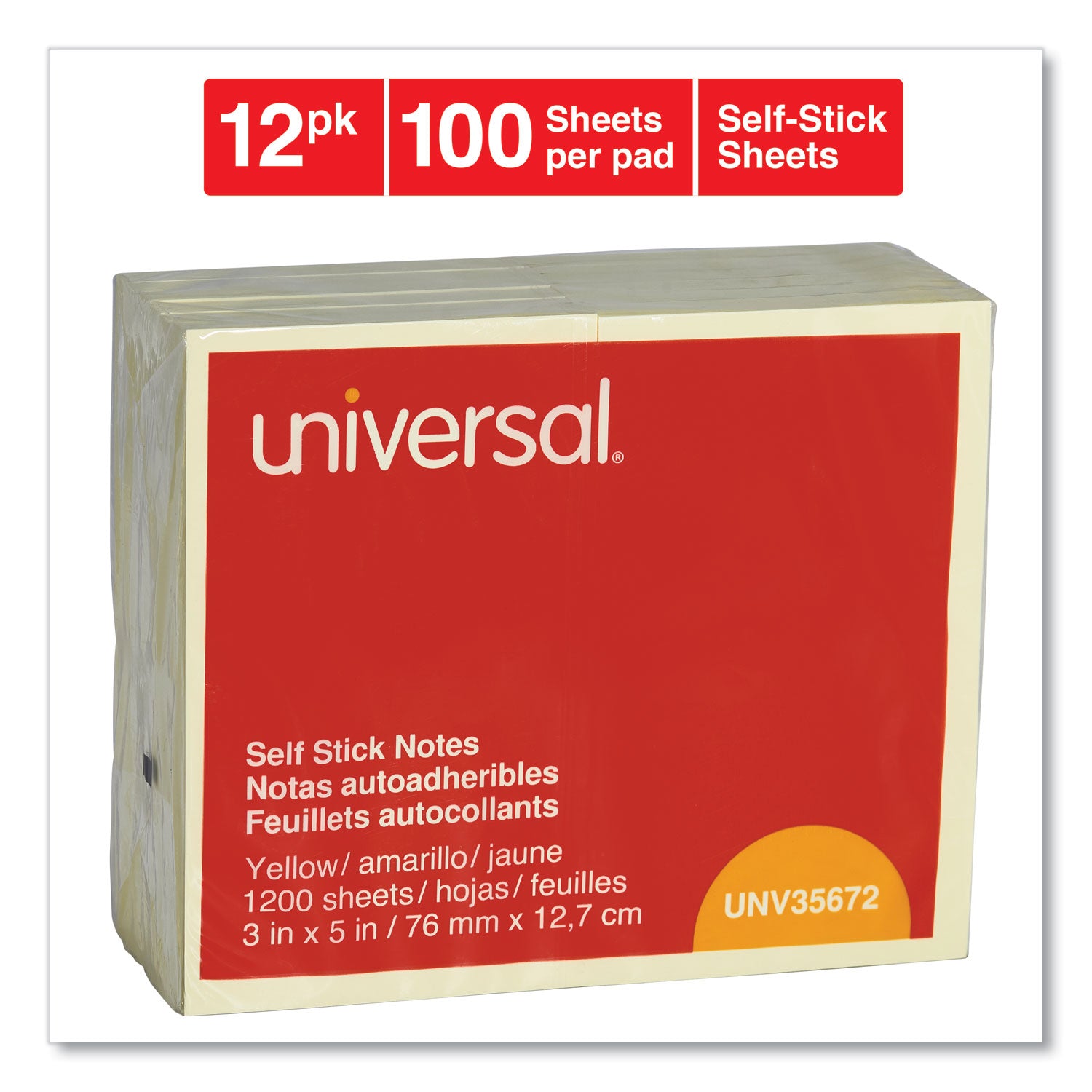 Self-Stick Note Pads, 3" x 5", Yellow, 100 Sheets/Pad, 12 Pads/Pack -