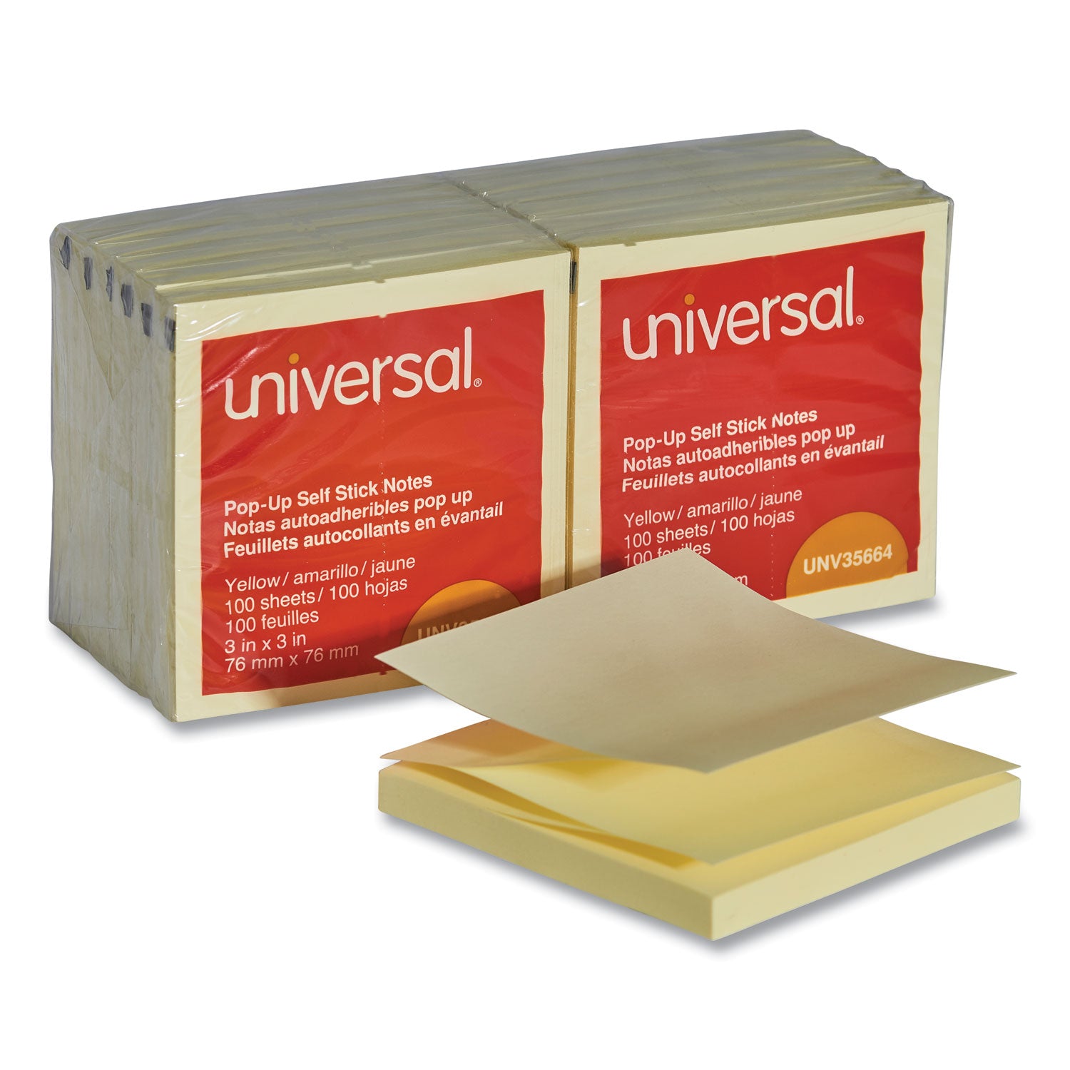 Fan-Folded Self-Stick Pop-Up Note Pads, 3" x 3", Yellow, 100 Sheets/Pad, 12 Pads/Pack -