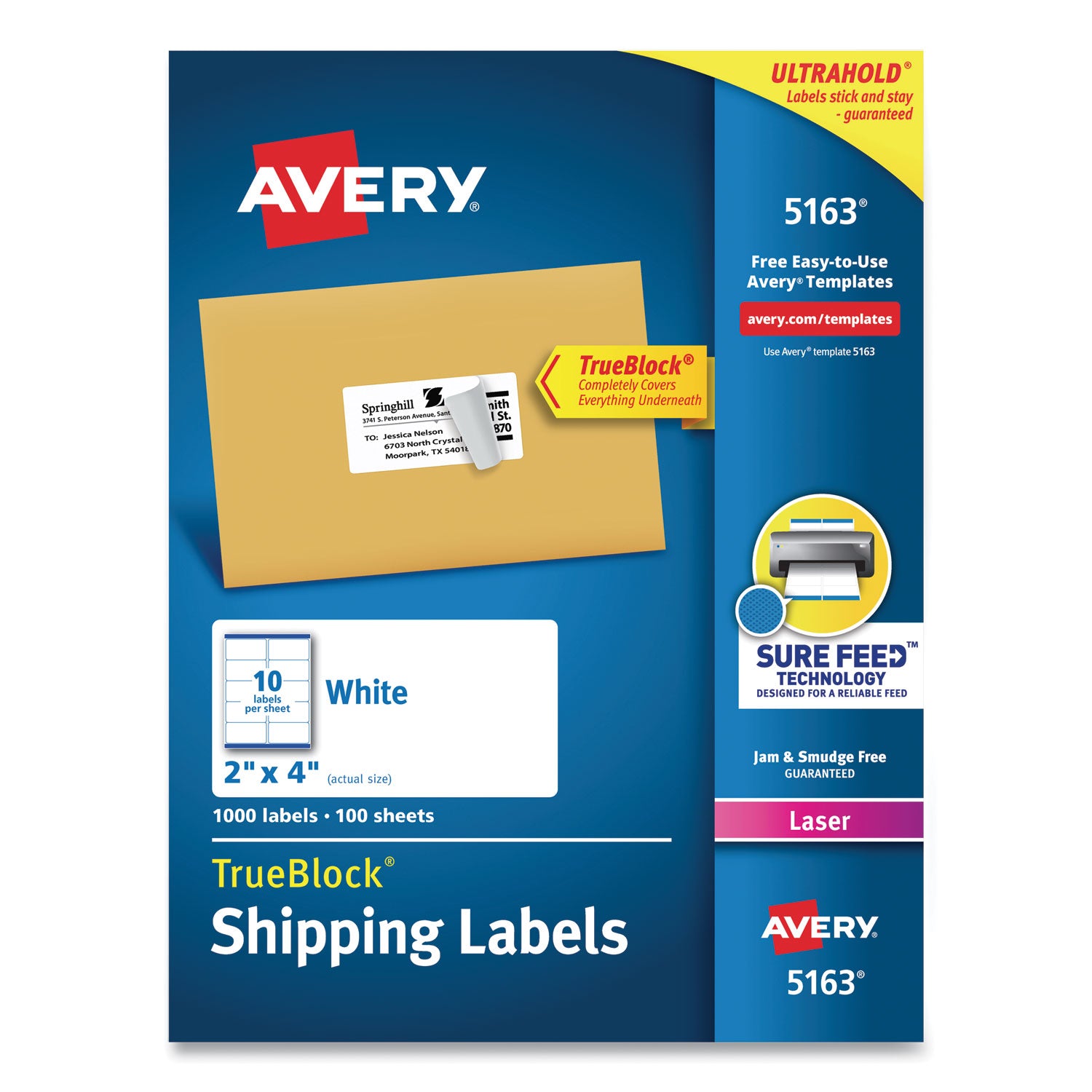 Shipping Labels w/ TrueBlock Technology, Laser Printers, 2 x 4, White, 10/Sheet, 100 Sheets/Box -