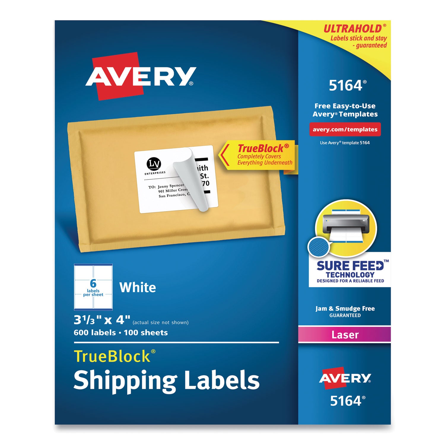 Shipping Labels w/ TrueBlock Technology, Laser Printers, 3.33 x 4, White, 6/Sheet, 100 Sheets/Box -