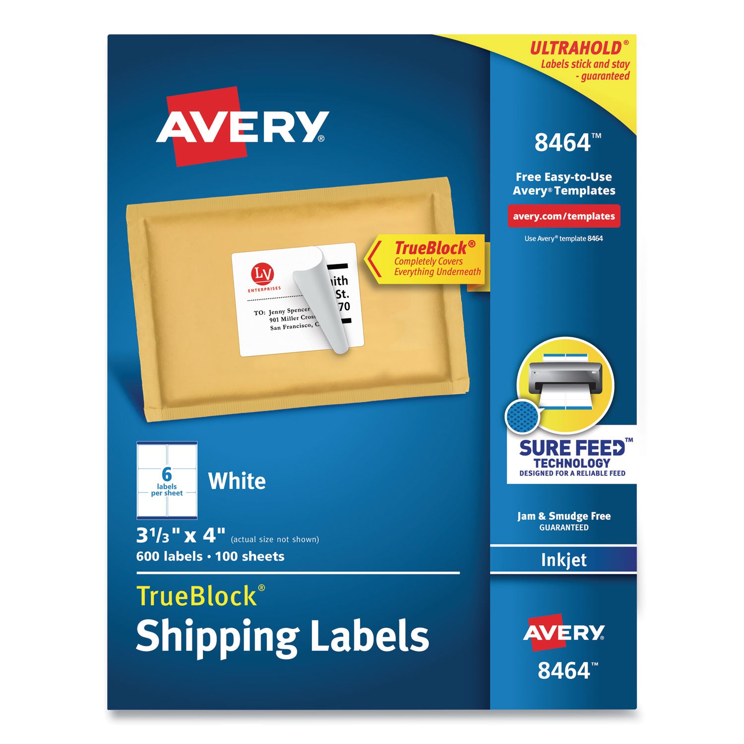 Shipping Labels w/ TrueBlock Technology, Inkjet Printers, 3.33 x 4, White, 6/Sheet, 100 Sheets/Box -