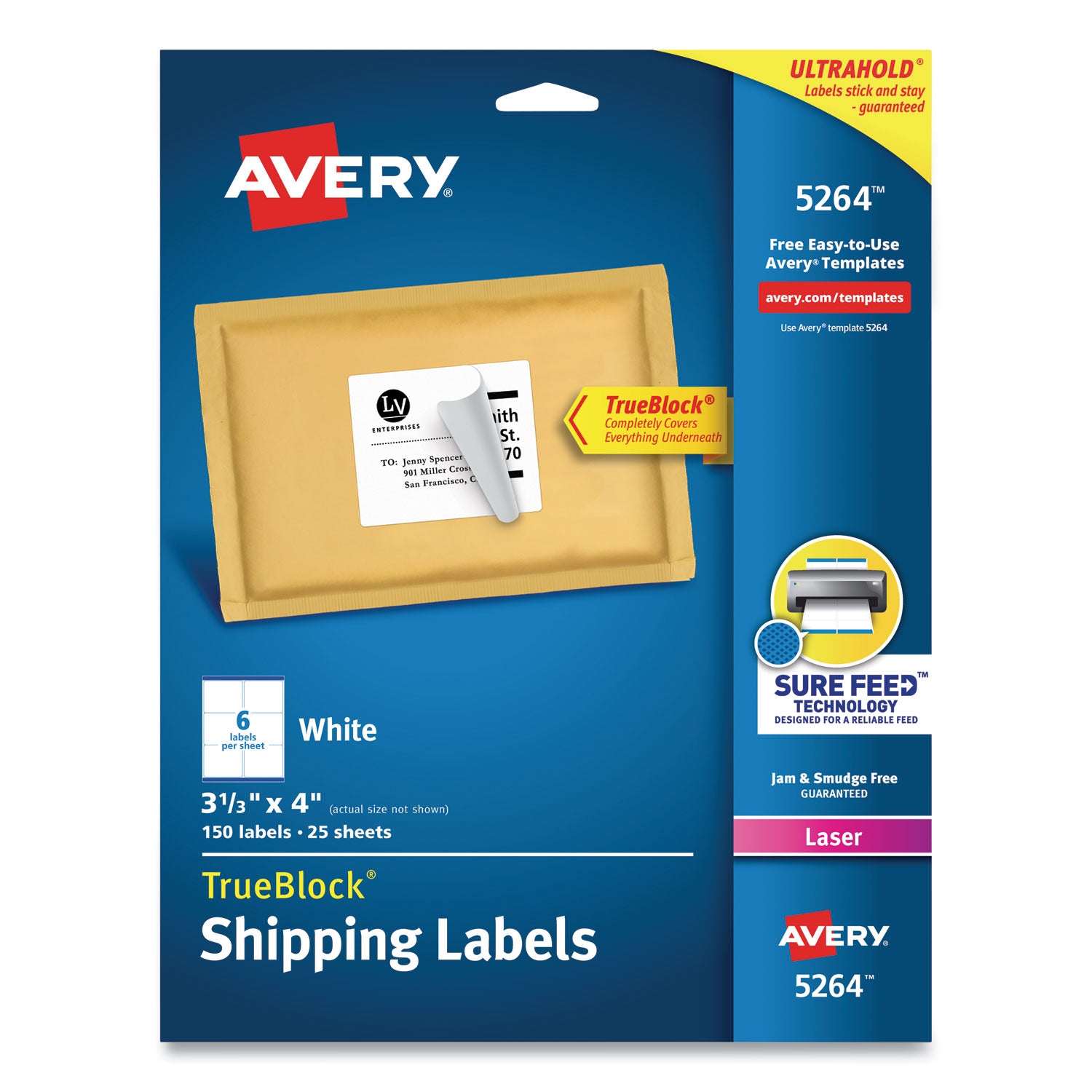 Shipping Labels w/ TrueBlock Technology, Laser Printers, 3.33 x 4, White, 6/Sheet, 25 Sheets/Pack -