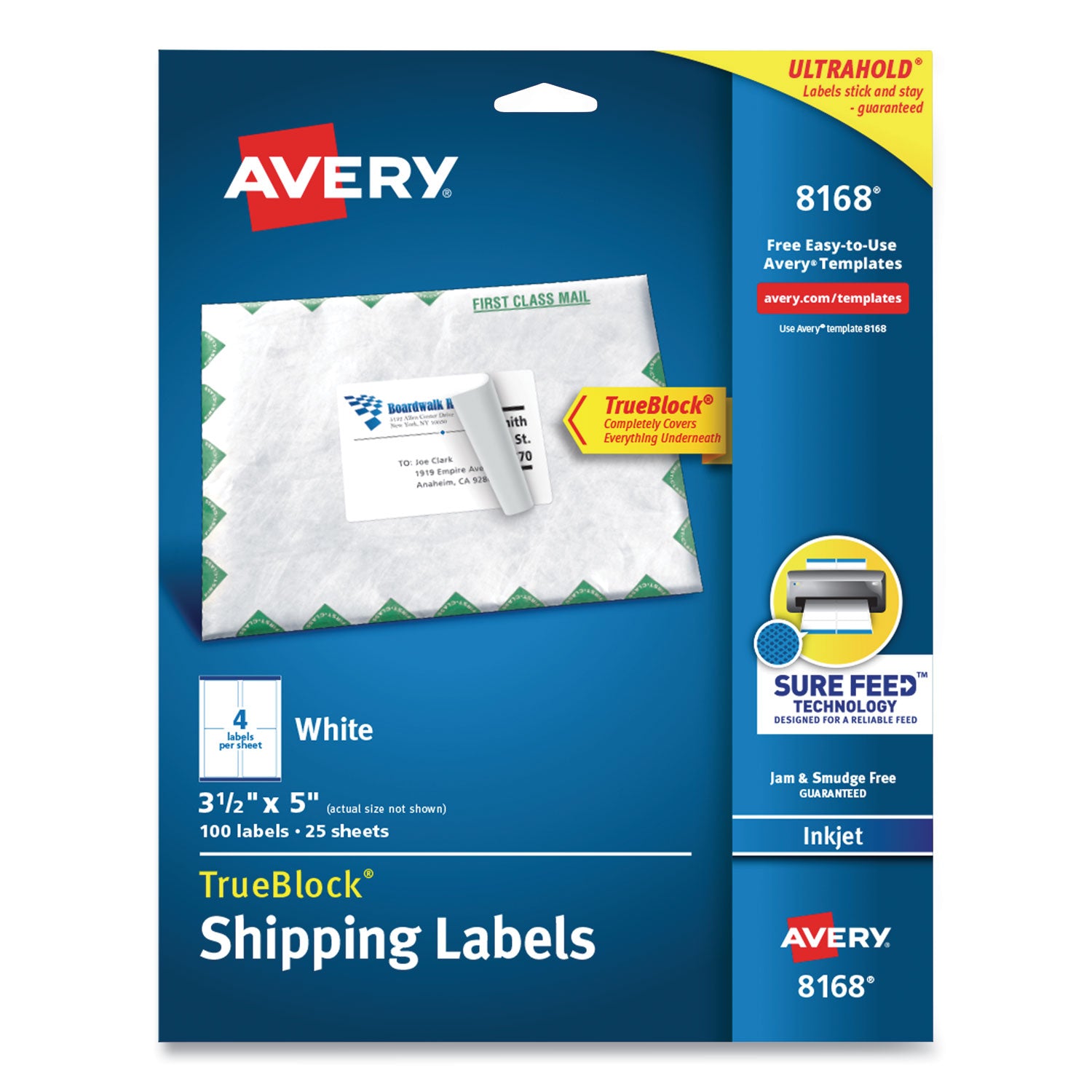 Shipping Labels w/ TrueBlock Technology, Inkjet Printers, 3.5 x 5, White, 4/Sheet, 25 Sheets/Pack -