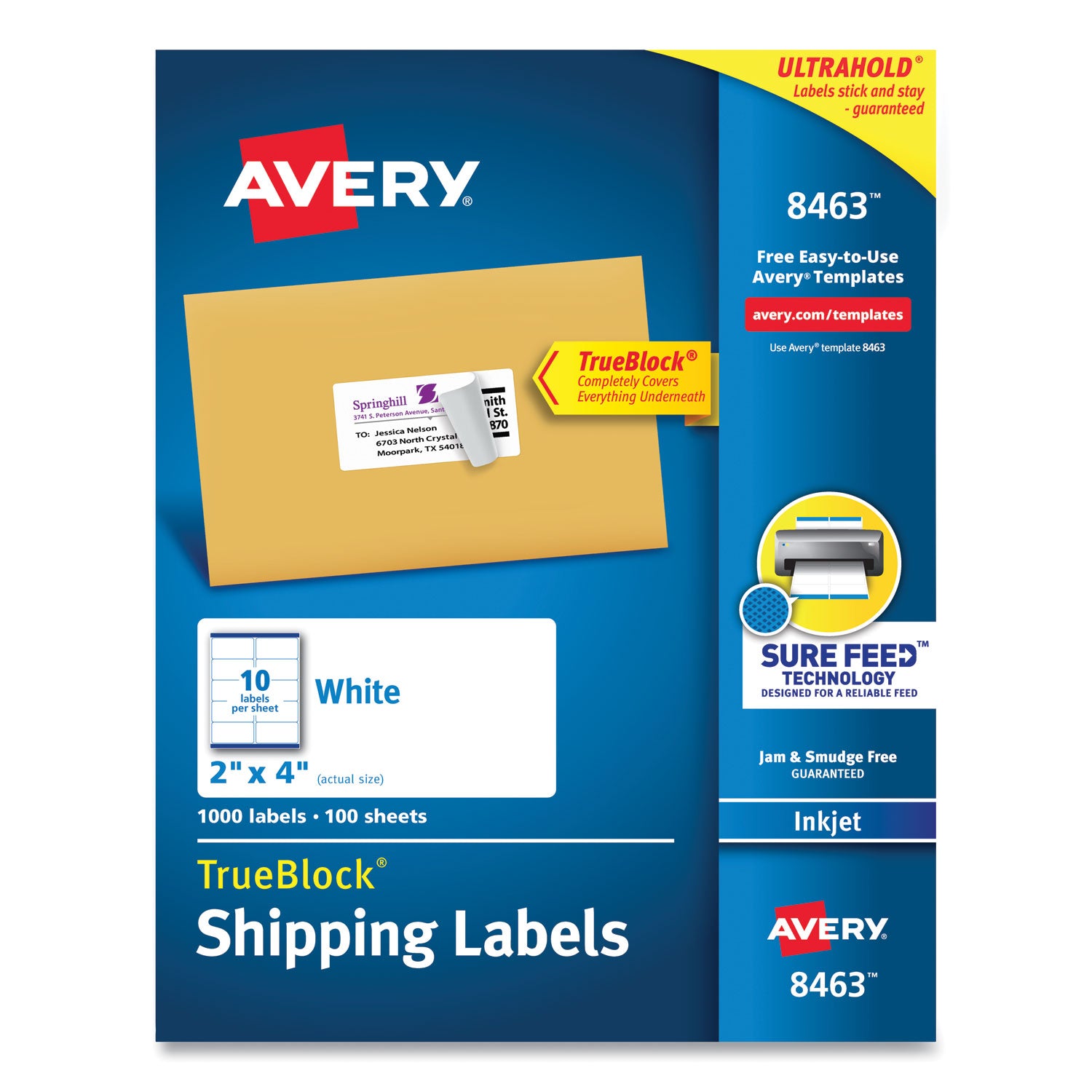 Shipping Labels w/ TrueBlock Technology, Inkjet Printers, 2 x 4, White, 10/Sheet, 100 Sheets/Box -