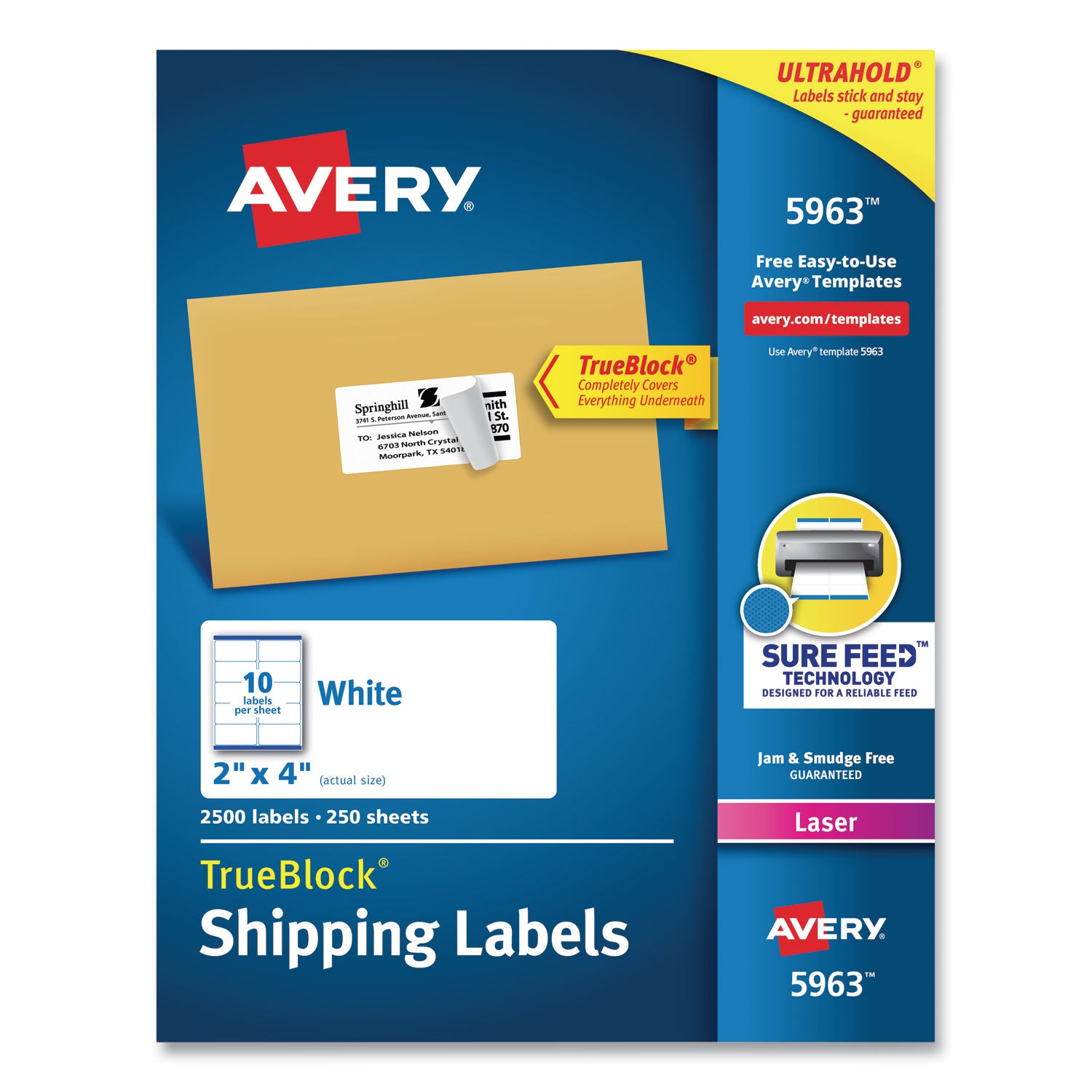 Shipping Labels w/ TrueBlock Technology, Laser Printers, 2 x 4, White, 10/Sheet, 250 Sheets/Box -