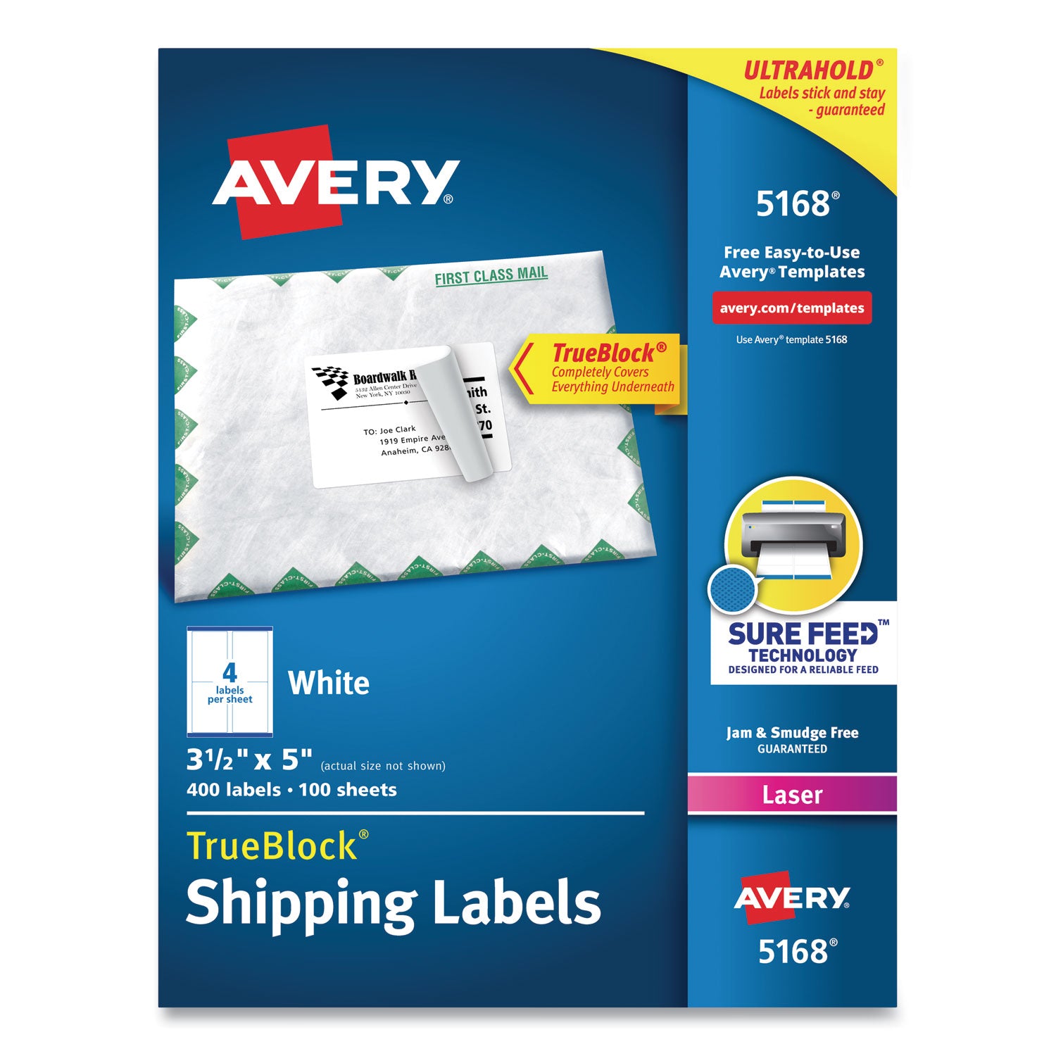 Shipping Labels w/ TrueBlock Technology, Laser Printers, 3.5 x 5, White, 4/Sheet, 100 Sheets/Box -
