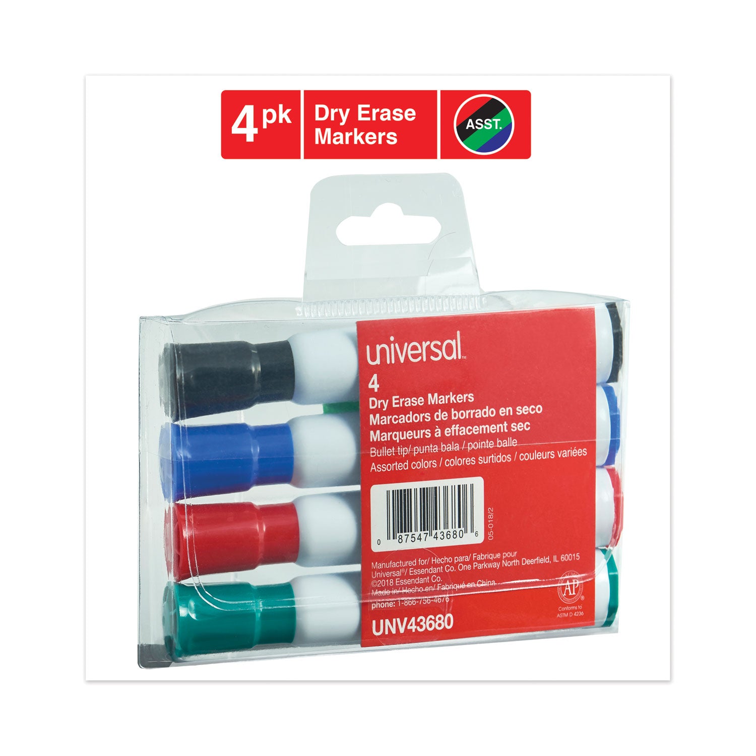 Dry Erase Marker, Medium Bullet Tip, Assorted Colors, 4/Set -