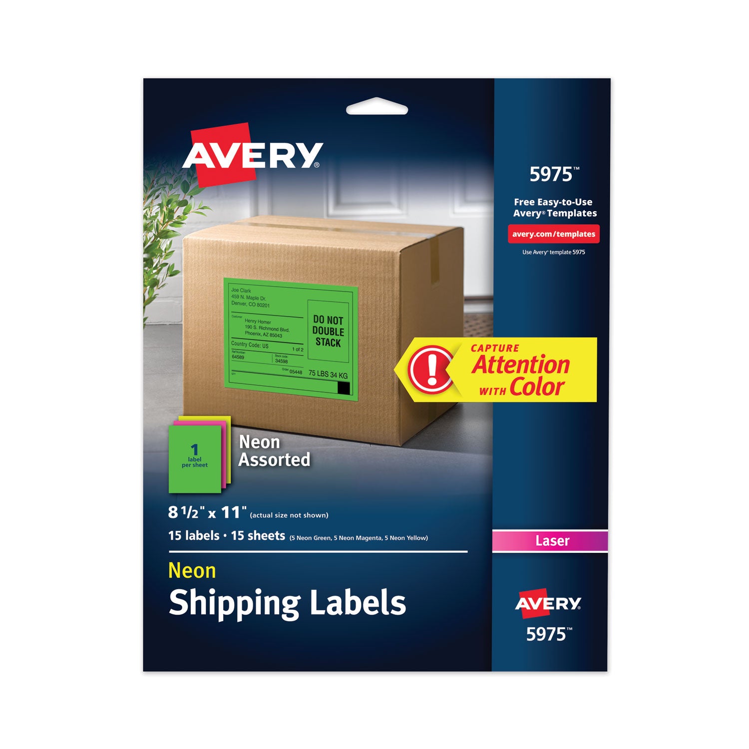 High-Visibility Permanent Laser ID Labels, 8.5 x 11, Asst. Neon, 15/Pack -