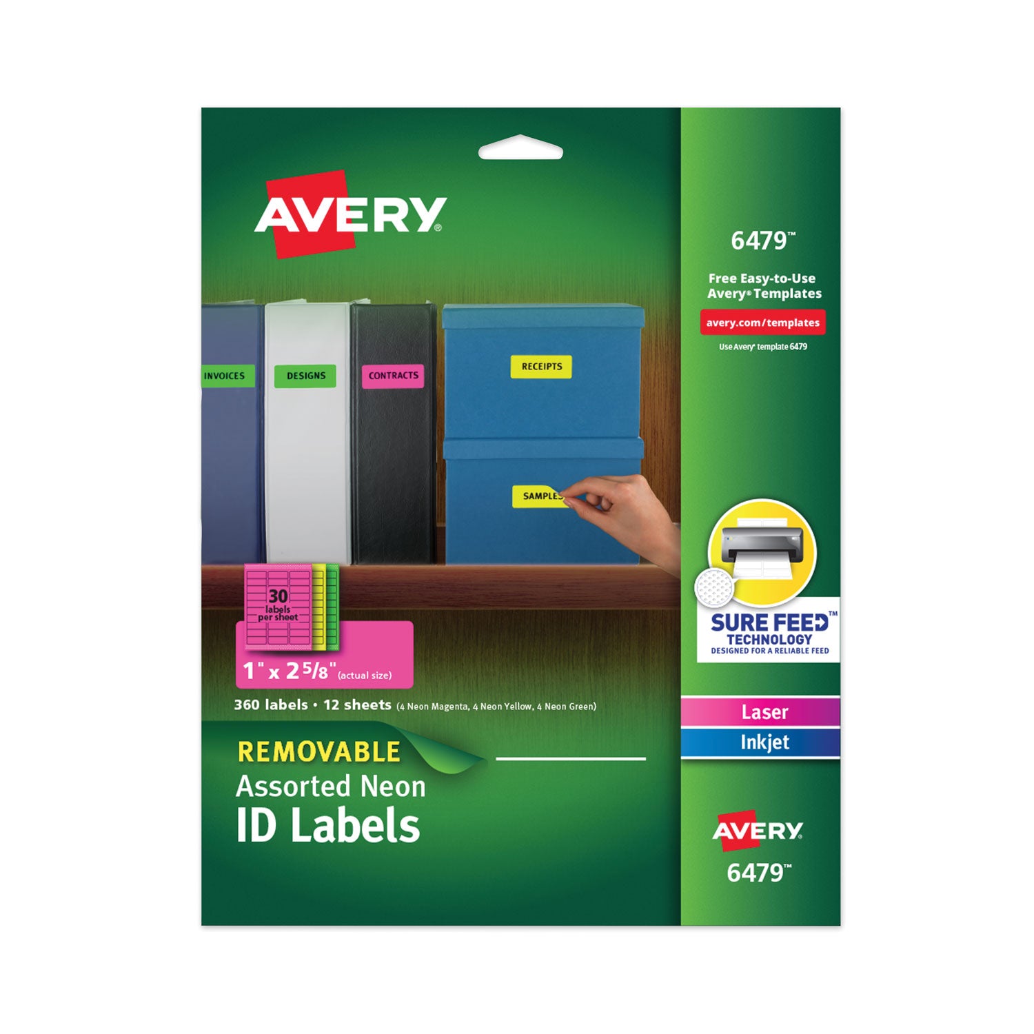 High-Vis Removable Laser/Inkjet ID Labels w/ Sure Feed, 1 x 2.63, Neon, 360/PK -