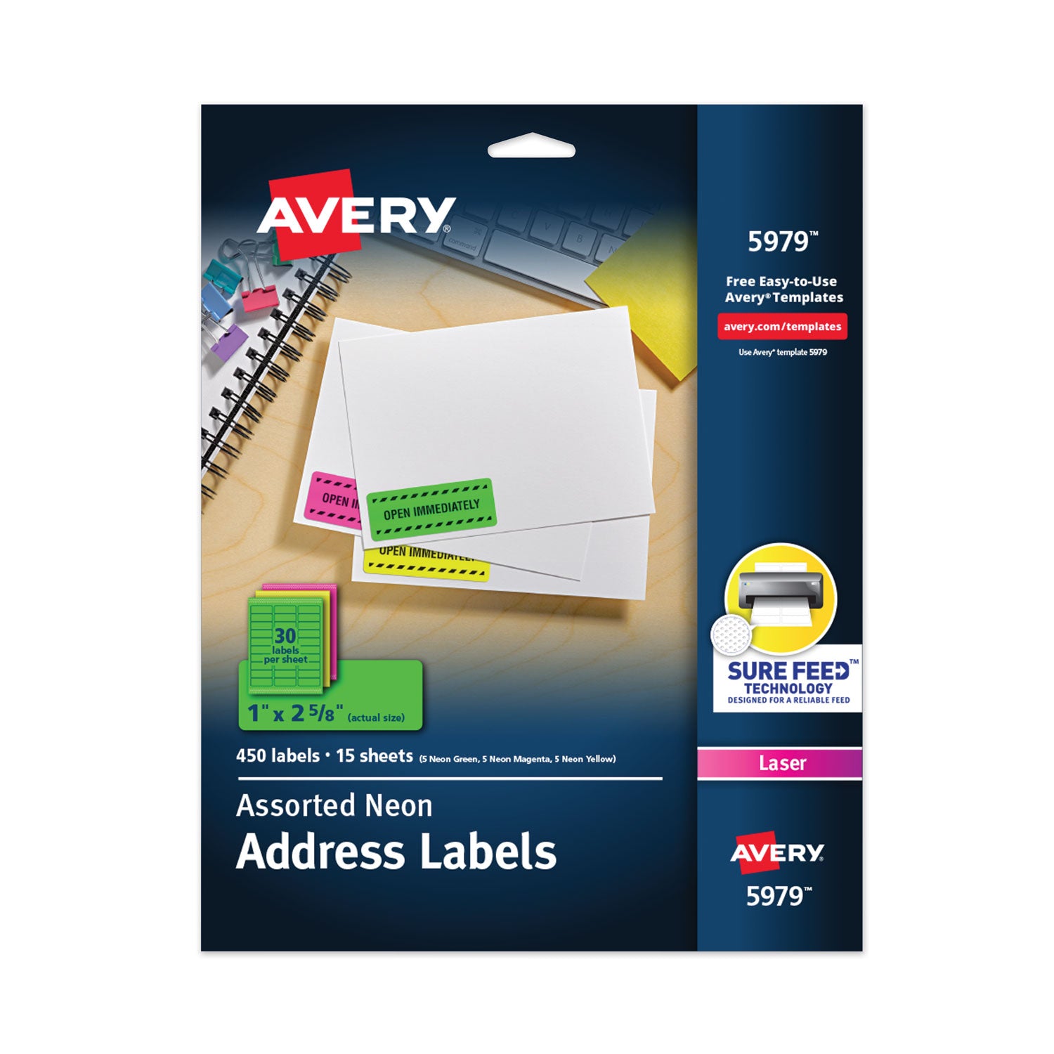 High-Visibility Permanent Laser ID Labels, 1 x 2.63, Asst. Neon, 450/Pack -